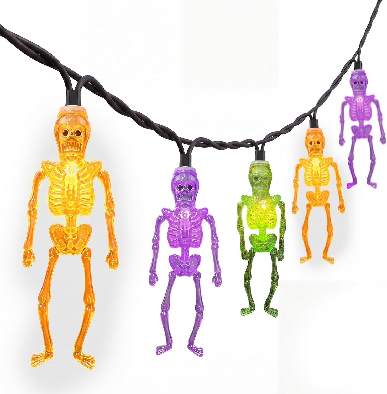 8.5FT 10 LED Outdoor Halloween Skeleton String Lights Plug In, Waterproof | Connectable, Hanging Multicolor Halloween Skull Lights UL Listed for Indoor Backyard, Patio, Porch, Party Decor, Black Wire