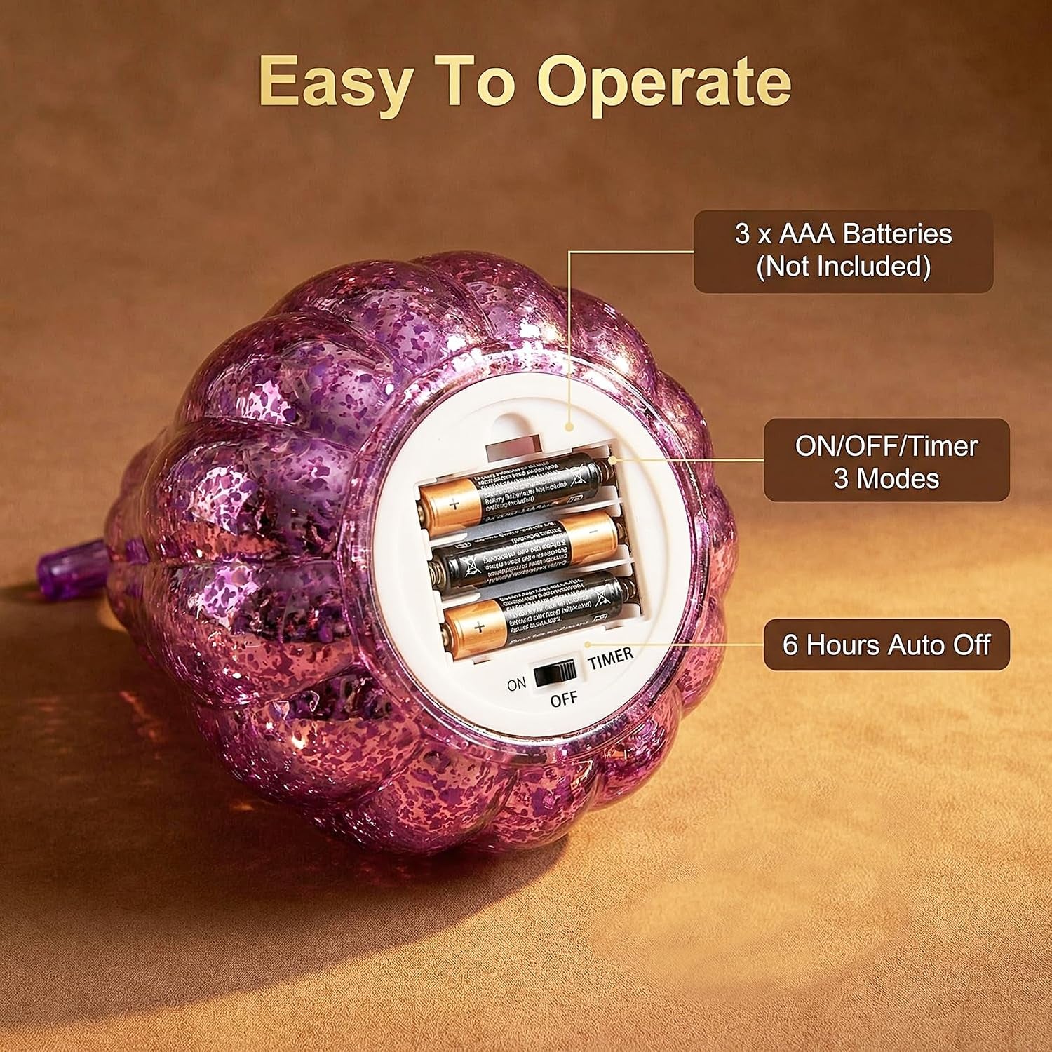Mercury Glass Pumpkin Lights with Timer Fall Halloween Thanksgiving Decor | Battery Led Pumpkin Lamp Lighted Glass Pumpkin Purple Starry Night Pumpkins Autumn for Home Office Table Porch Decor or Gifts