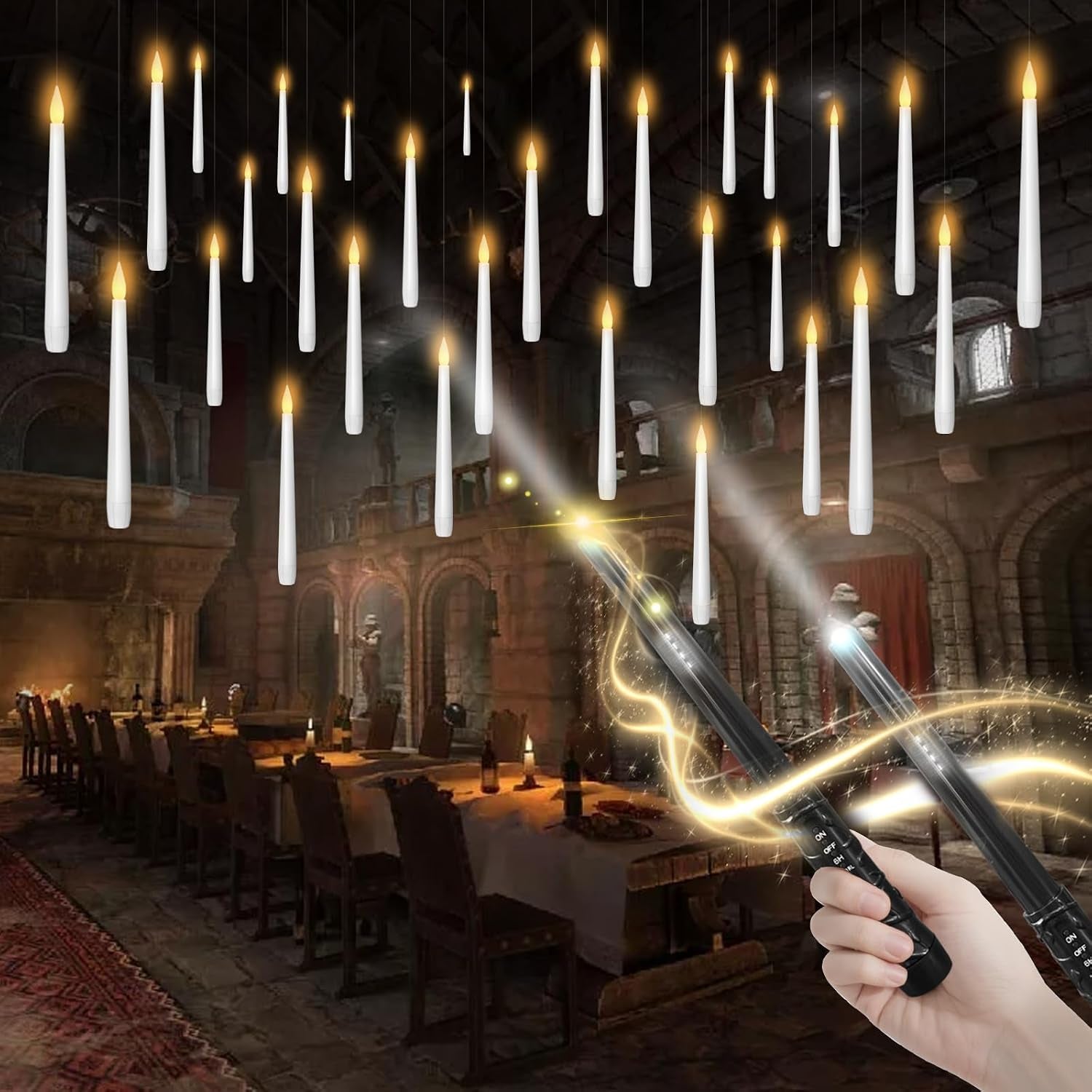 Ghost Flameless Floating Candles with Wand Remote, 12 Pcs Magic Flickering Battery Operated LED Hanging Taper Candles for Halloween Party Decoration(White)