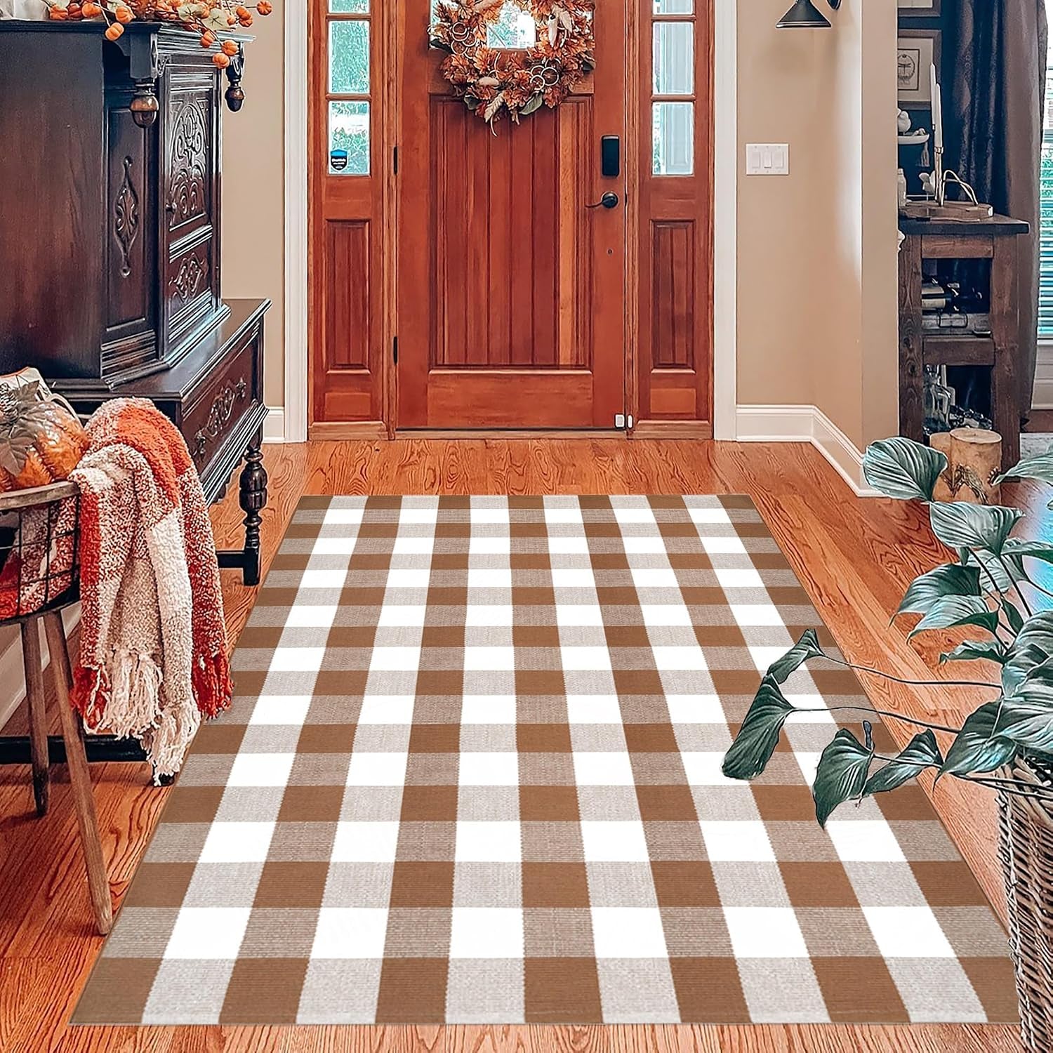 Orange and Black Plaid Rug, 3' X 5' Fall Outdoor Front Door Decor Mat, Cotton Washable Hand-Woven Rug for Layered Doormat, Autumn Halloween Thanksgiving Carpet for Porch, Entryway