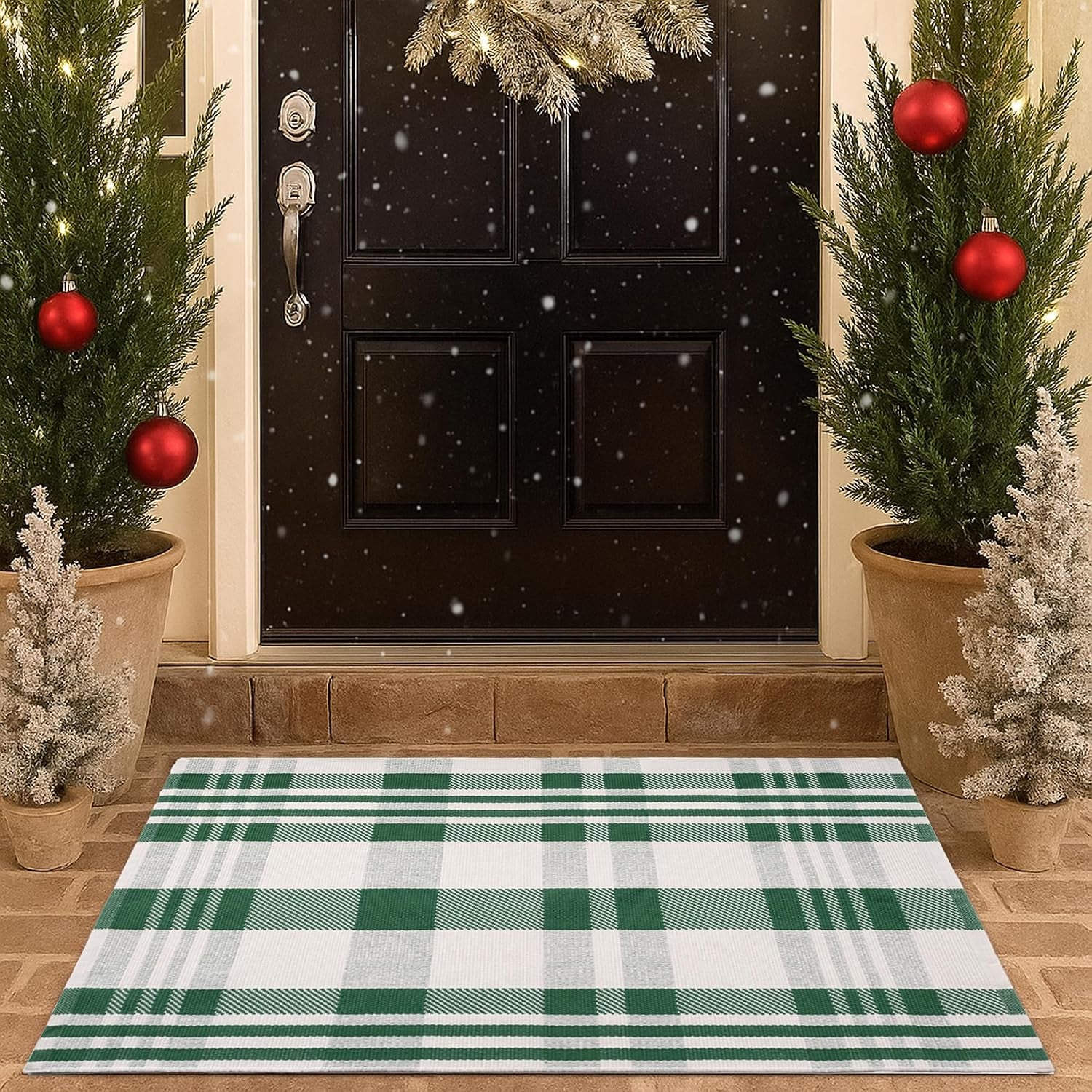 Orange and Black Plaid Rug, 3' X 5' Fall Outdoor Front Door Decor Mat, Cotton Washable Hand-Woven Rug for Layered Doormat, Autumn Halloween Thanksgiving Carpet for Porch, Entryway