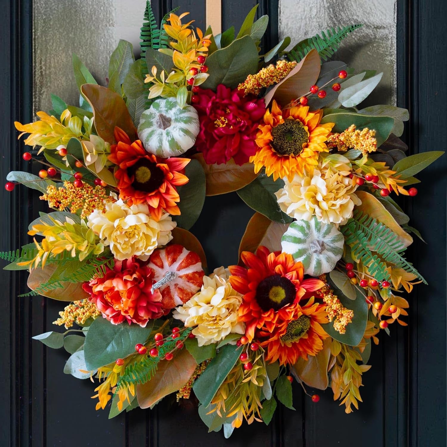 24 Inch Artificial Fall Wreaths for Front Door outside with Striped Bow | Harvest Autumn Wreath with Dahlias,Peony,Sunflowers,Pumpkins- Rustic Farmhouse Thanksgiving & Halloween Seasona Porch Decor