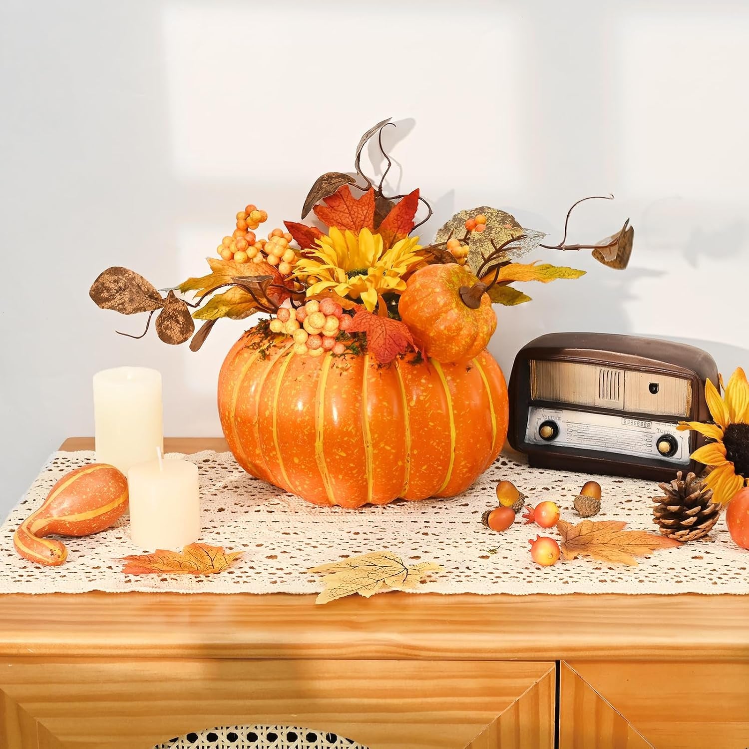 Fall Decor, Fall Centerpieces for Tables, Fake Pumpkin Decorations, Artificial Pumpkins for Decorating, Faux Fall Decorations for Home Table Thanksgiving Halloween Indoor Outdoor Porch Bathroom