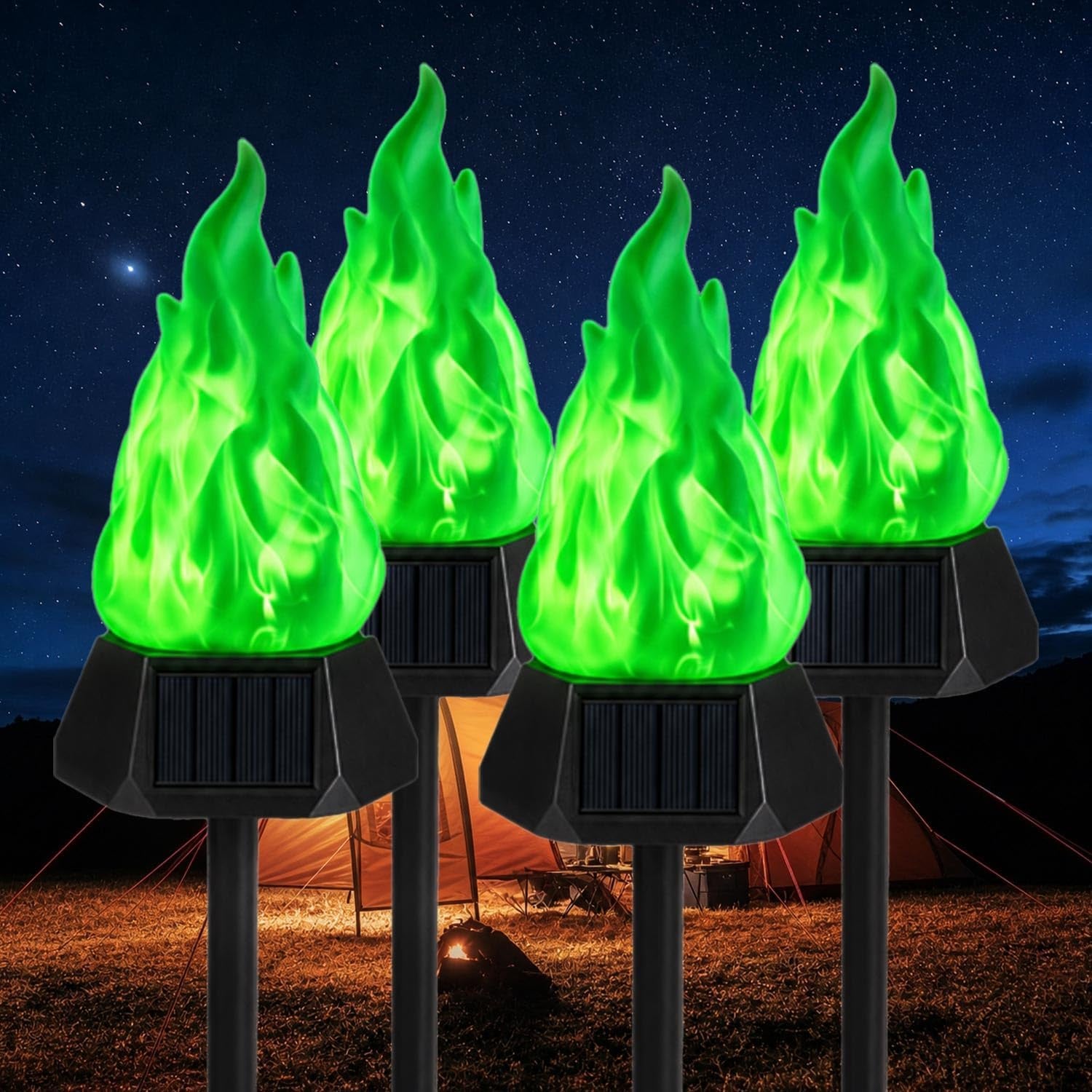 Solar Outdoor Torch Lights with Flickering Flame, Solar Pathway Decorative Lights, Waterproof LED Flame Torches for Outdoor Camping Garden Landscape Patio Path Yard Decorations - 4 Pack