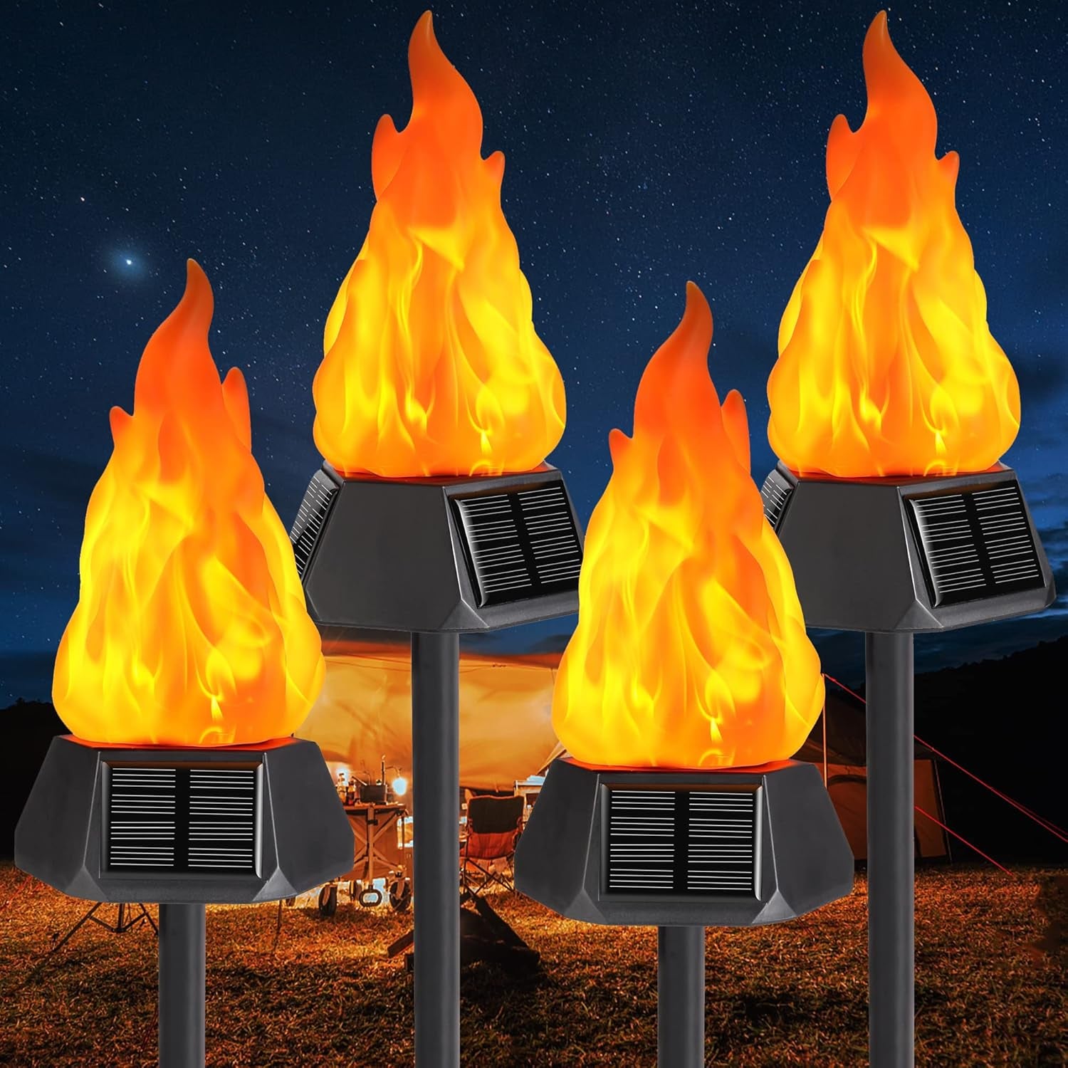 Solar Outdoor Torch Lights with Flickering Flame, Solar Pathway Decorative Lights, Waterproof LED Flame Torches for Outdoor Camping Garden Landscape Patio Path Yard Decorations - 4 Pack