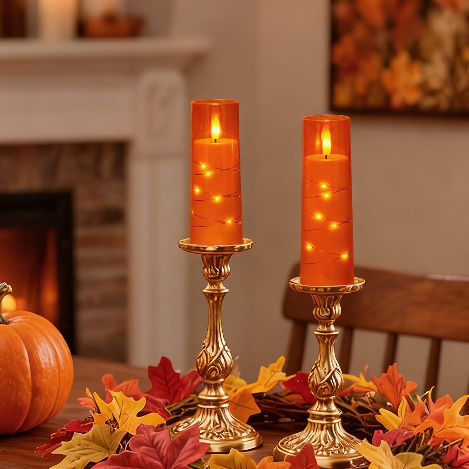 Flameless Candle with Remote Timer – 9 Flickering Acrylic Battery Operated LED Pillar Candles with Embedded Star String for Halloween, Home Decor, and as a Gift (Orange)
