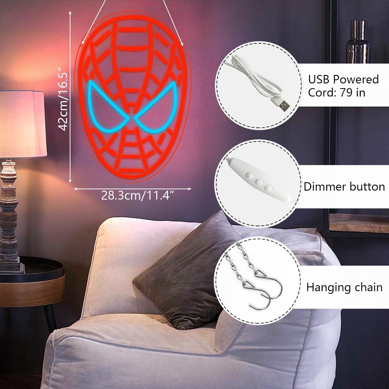 Anime Theme Cartoon LED Neon Sign for Wall Decor, Dimmable Anime Light up Display, Kids Bedroom Game Room Decoration (Spider)
