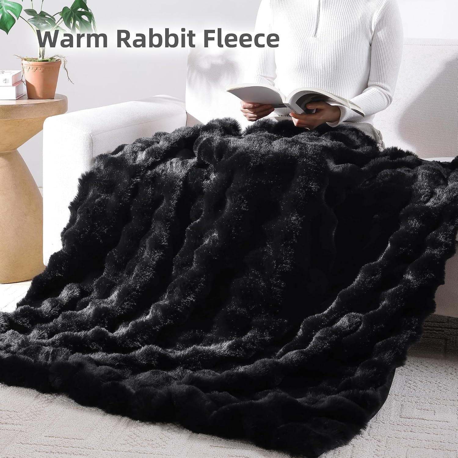 Faux Rabbit Fur Throw for Couch - Black Bubble Blanket 50"X60" | Fluffy Plush Fuzzy Throw for Sofa & Bed, Super Soft Cozy Comfrt Blanket, Luxury Aesthetic Black Decor Gift for Women