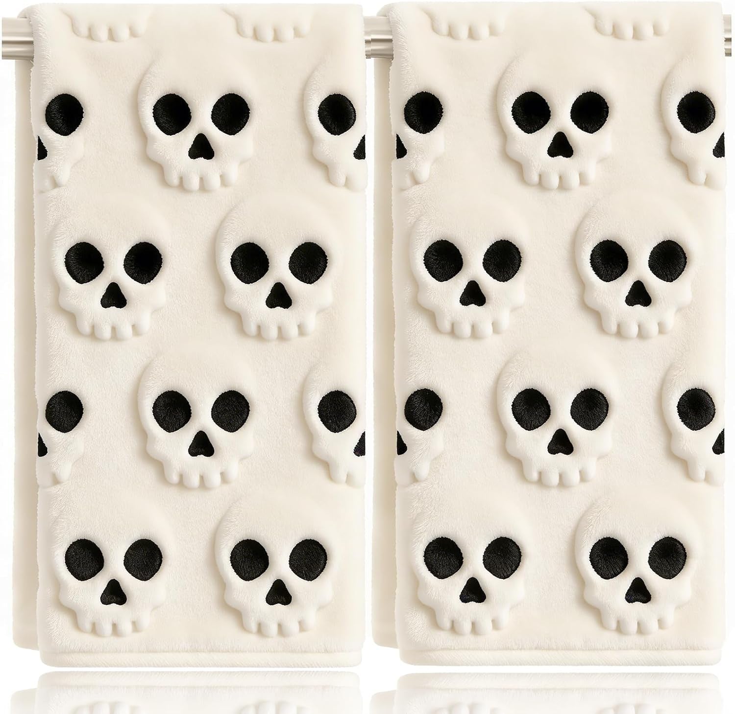 2 Pack Halloween Hand Towels 100% Cotton Jacquard Skeleton Halloween Kitchen Towels White Bathroom Towels Set Seasonal Bathroom Decor(Beige Skeleton, Halloween)