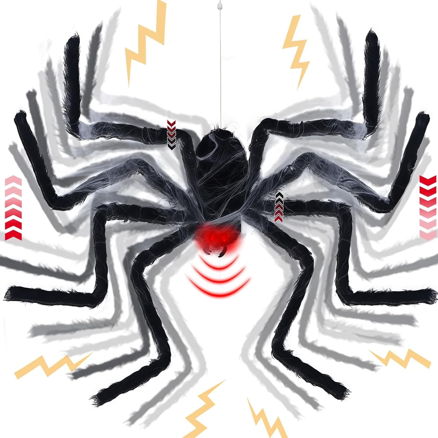 Halloween Decor Electric Dropping Spider Upgrade 47In (Stretched Legs), Voice Activated Moving Hanging Spider with Red Eye & Spooky Sound, Large Scary Prop House Door Wall Window Yard Patio