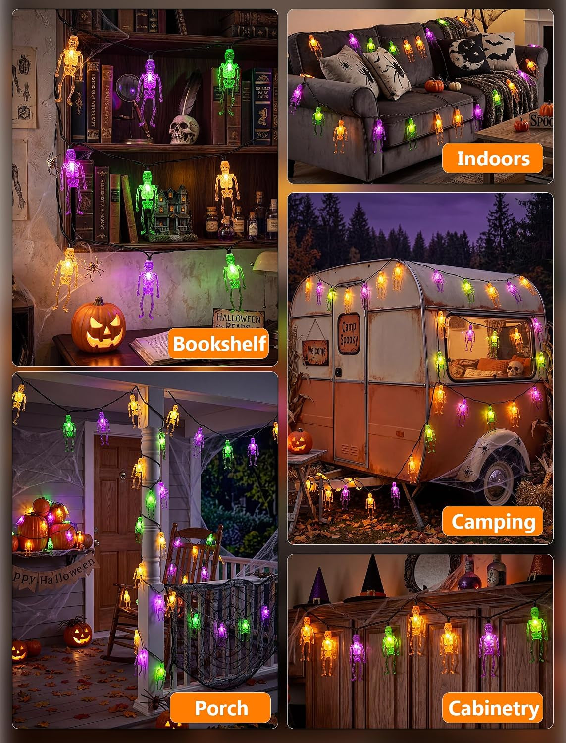 8.5FT 10 LED Outdoor Halloween Skeleton String Lights Plug In, Waterproof | Connectable, Hanging Multicolor Halloween Skull Lights UL Listed for Indoor Backyard, Patio, Porch, Party Decor, Black Wire