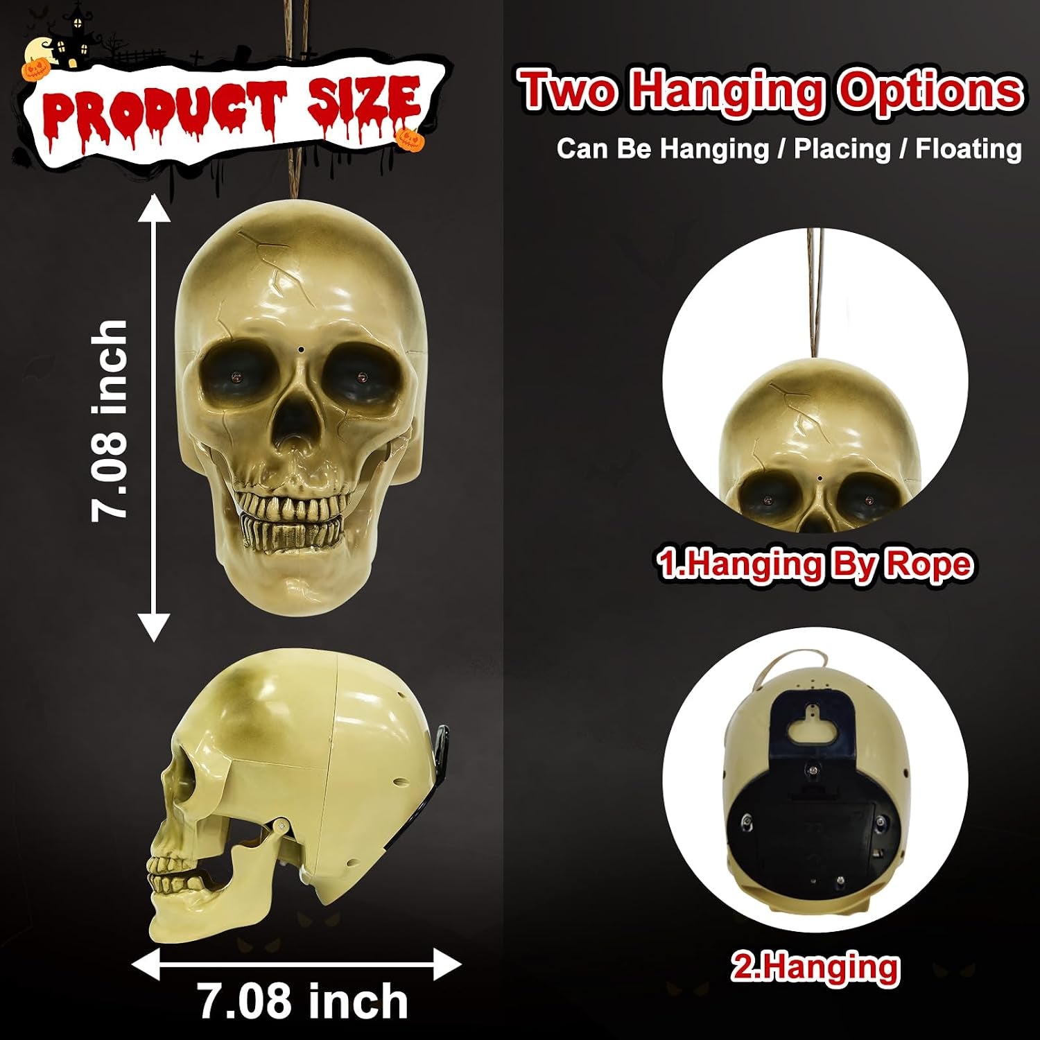 Halloween Animatronic Talking Hanging Skull Head Decorations Outdoor | Sound/Light Sensor Activated, Red Glowing Eyes, Shaking Jaw, Spooky Sounds, Wall Mounted, Indoor/Home, Haunted House/Party