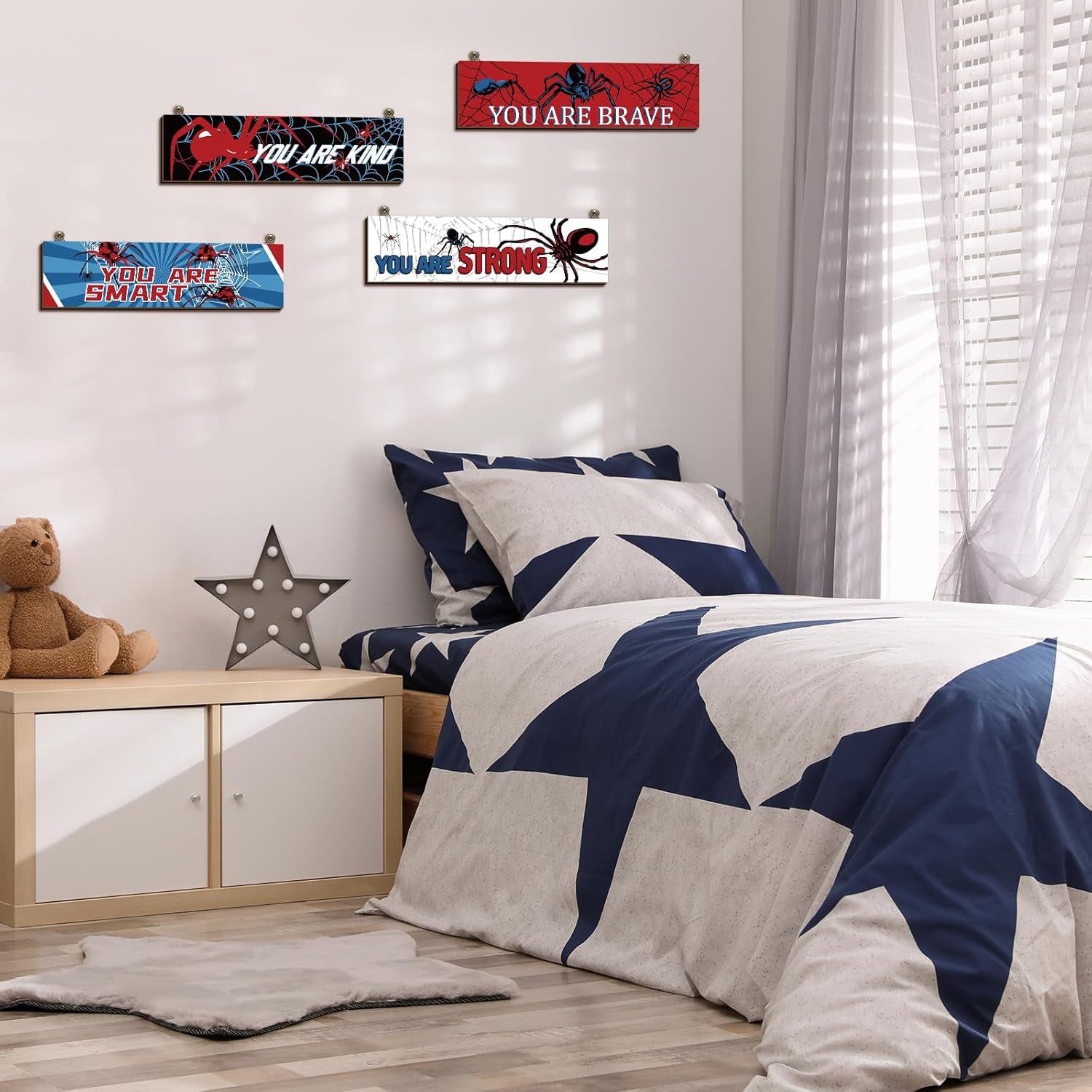 4 Pcs Spider Room Decor Bedroom Boys Wall Decor Inspirational Wall Decoration Wooden Art Prints for Boys Kids Children Home Indoor Decoration Toddler Room Sign Birthday Gifts