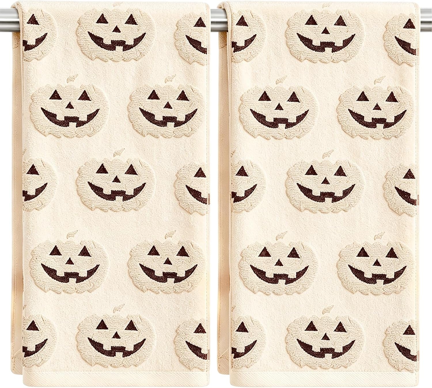 2 Pack Halloween Hand Towels 100% Cotton Jacquard Skeleton Halloween Kitchen Towels White Bathroom Towels Set Seasonal Bathroom Decor(Beige Skeleton, Halloween)