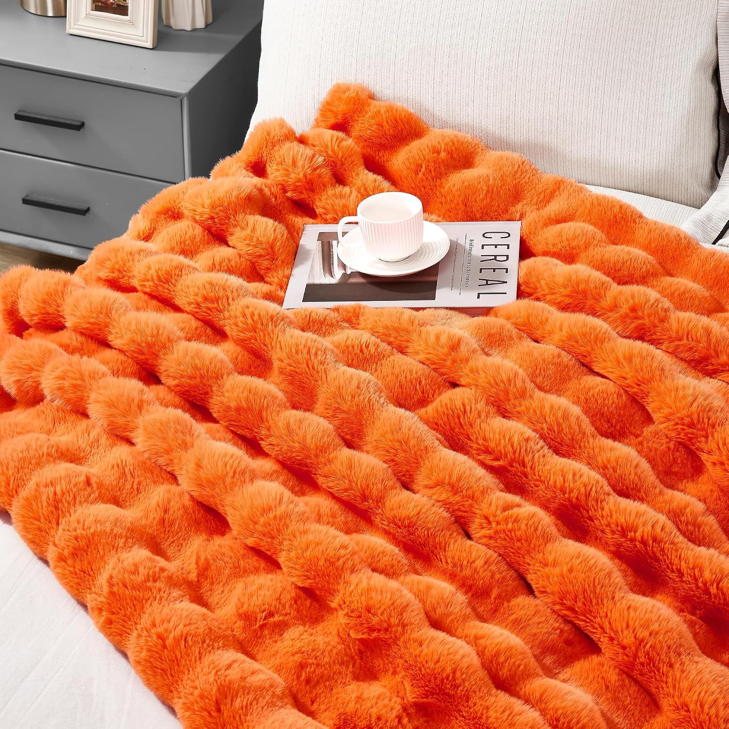 Solid Fall Bubble Faux Rabbit Fur Throw Blanket for Couch 50" X 60", Decorative Comfy Puffy Warm Fuzzy Blanket for Winter, Extra Thick Shaggy Cozy Comfy Fluffy Blankets for Adult Kids, Orange