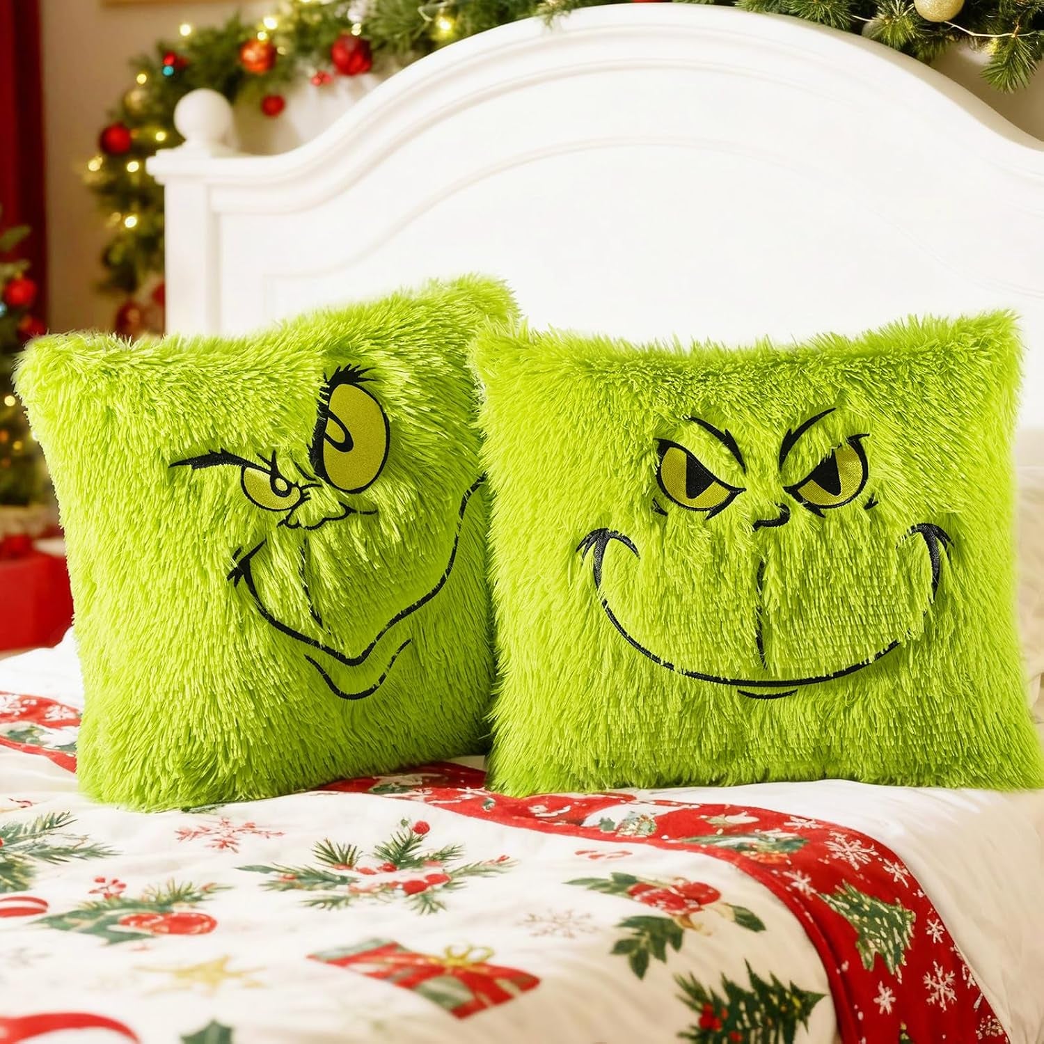 2PCS Chrismas Pillow Covers 18X18 Inch,Green Xmas Throw Pillow Cases,Chrismas Decor Soft Plush Faux Fur Wool Couch Cushion Case for Chair Sofa Bedroom Living Room