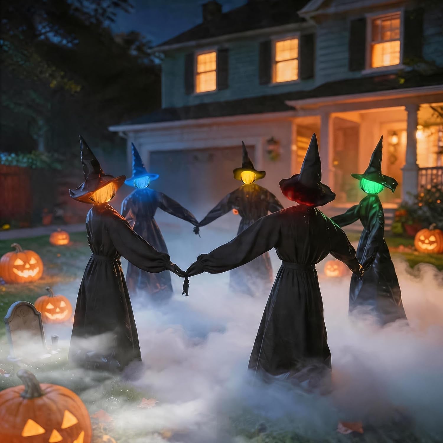 Halloween Decorations Outdoor, 5 Pack 4.3 FT Light up Holding Hands Witches | Witch Decor with Color Changing Glowing Face, Halloween Witch Decor with Stake for Yard Lawn Garden Porch Haunted House Decor
