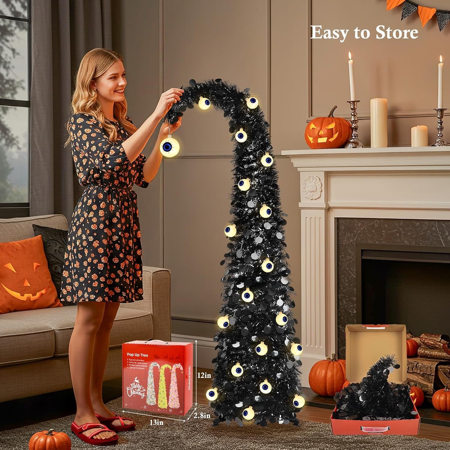 5FT Black Halloween Pop up Christmas Tree with Eyeball String Lights | Whimsical Curved Tinsel Tree, 30 Warm White Eyeball Lights, 6H Timer, Foldable Design; Apartment, Porch, Party, XMAS Decor