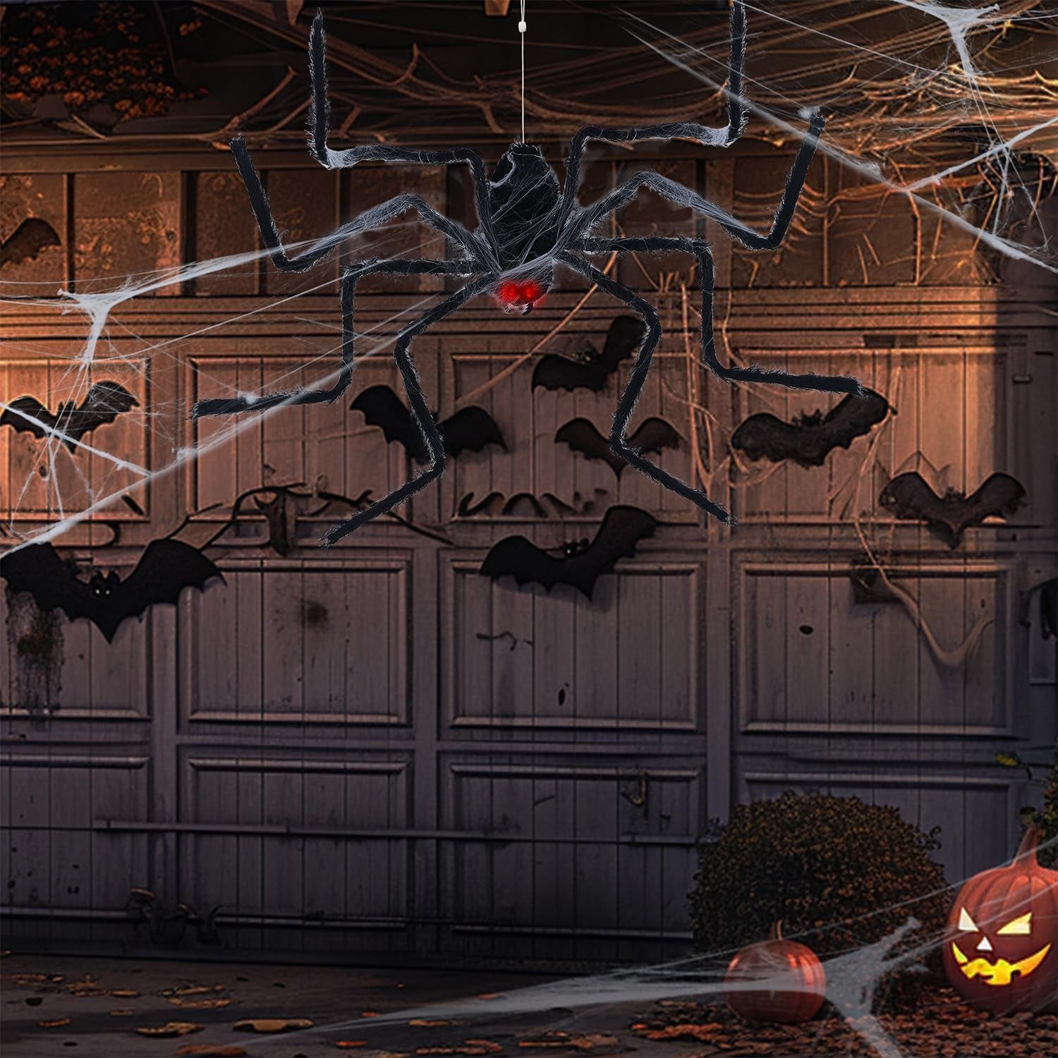 Halloween Decor Electric Dropping Spider Upgrade 47In (Stretched Legs), Voice Activated Moving Hanging Spider with Red Eye & Spooky Sound, Large Scary Prop House Door Wall Window Yard Patio