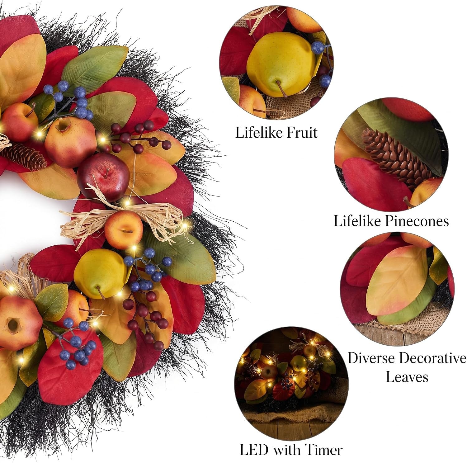 24'' Collapsible Pre-Lit Fruits Fall Wreath for Front Door | Faux Pomegranate & Apples & Maple Leaves & Greeting Plaque & LED Light for Fireplace,Porch,Autumn Thanksgiving Harvest Decor