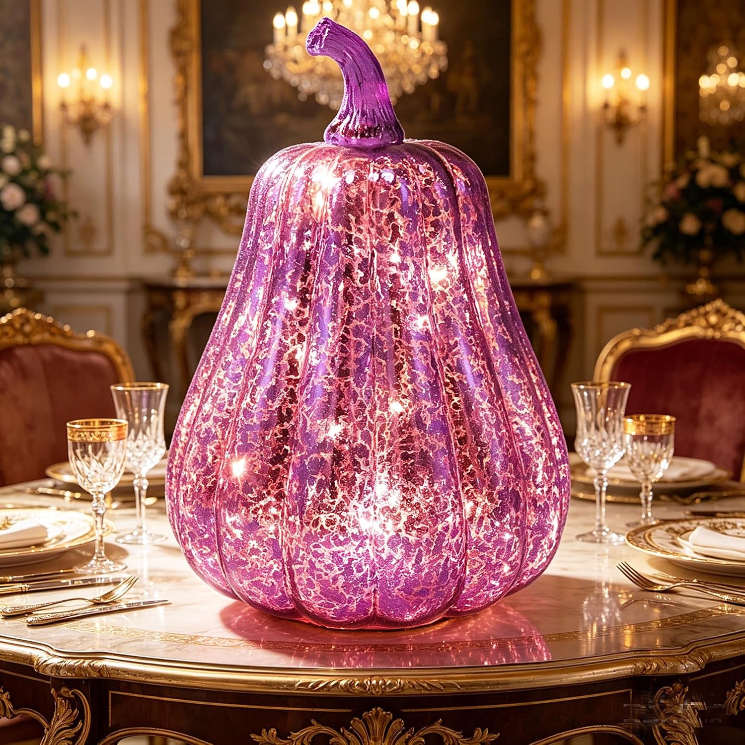 Mercury Glass Pumpkin Lights with Timer Fall Halloween Thanksgiving Decor | Battery Led Pumpkin Lamp Lighted Glass Pumpkin Purple Starry Night Pumpkins Autumn for Home Office Table Porch Decor or Gifts