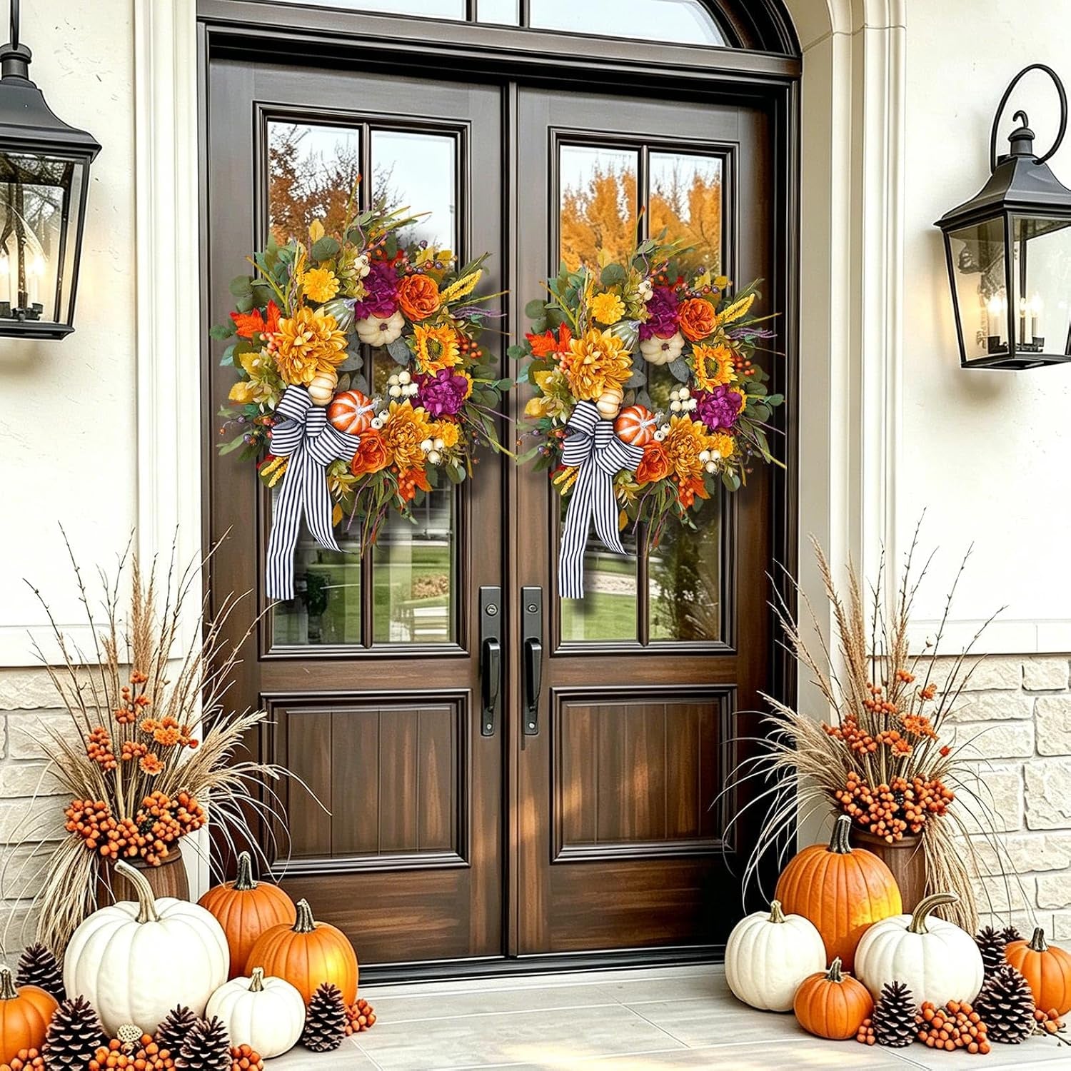 24 Inch Artificial Fall Wreaths for Front Door outside with Striped Bow | Harvest Autumn Wreath with Dahlias,Peony,Sunflowers,Pumpkins- Rustic Farmhouse Thanksgiving & Halloween Seasona Porch Decor
