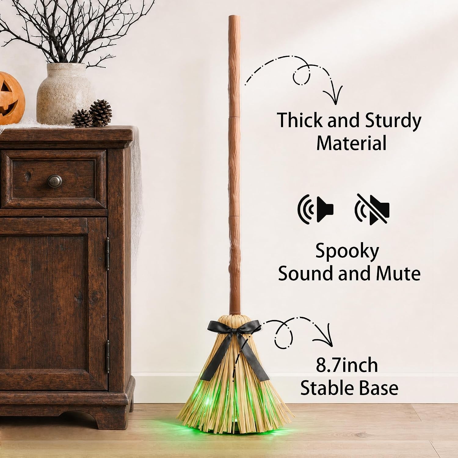Halloween Decorations Indoor - 49" Animated Floating Lighted Witch Broom | Sound/Mute Mode - Dancing Magic Broom for Home Party Decorations