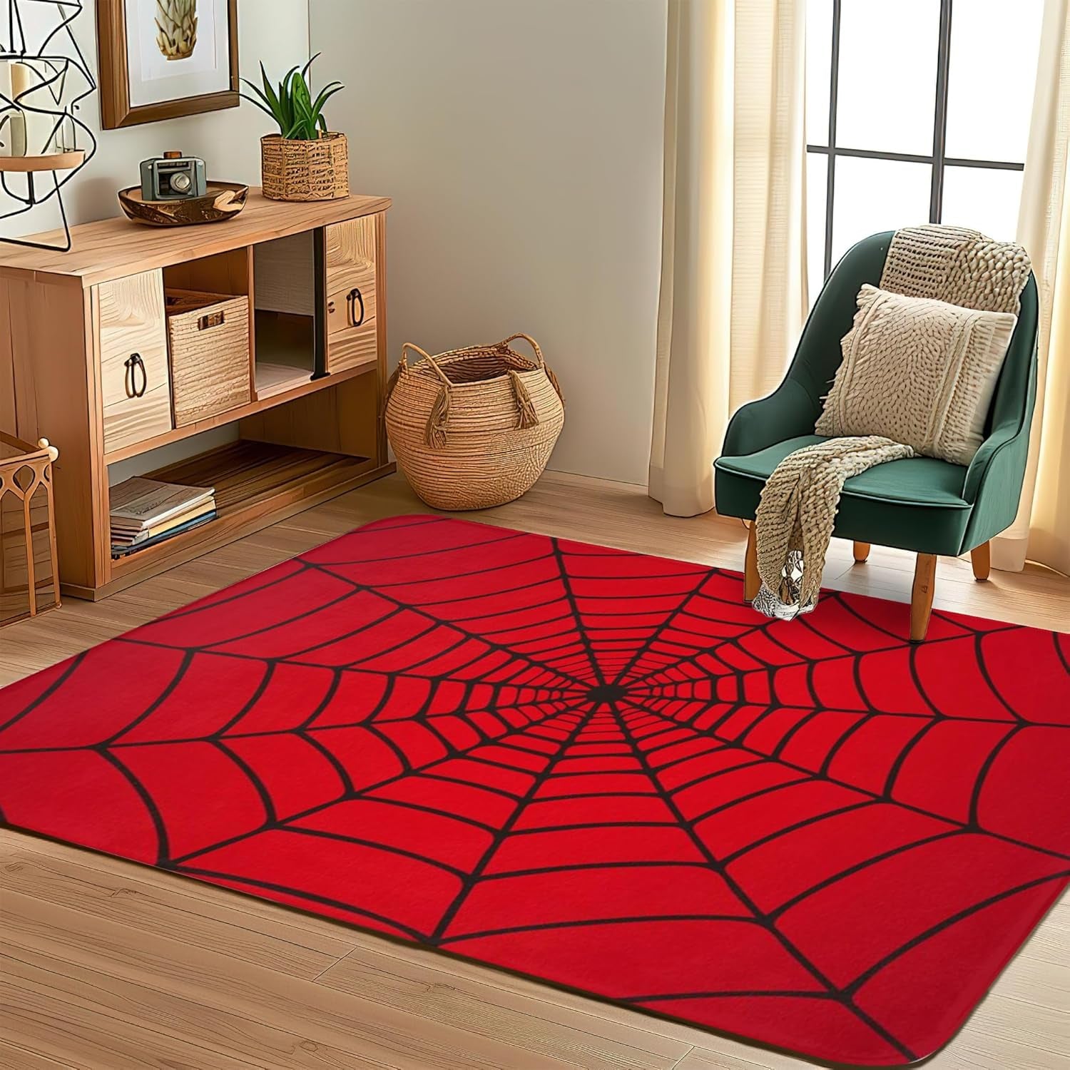 Red Spider Web Area Rug, 5X7 Indoor Area Rugs Washable Rugs for Living Room Carpet, Farmhouse Non Slip Carpet for for Bedroom Laundry Room Kitchen Non Slip Soft Low-Pile
