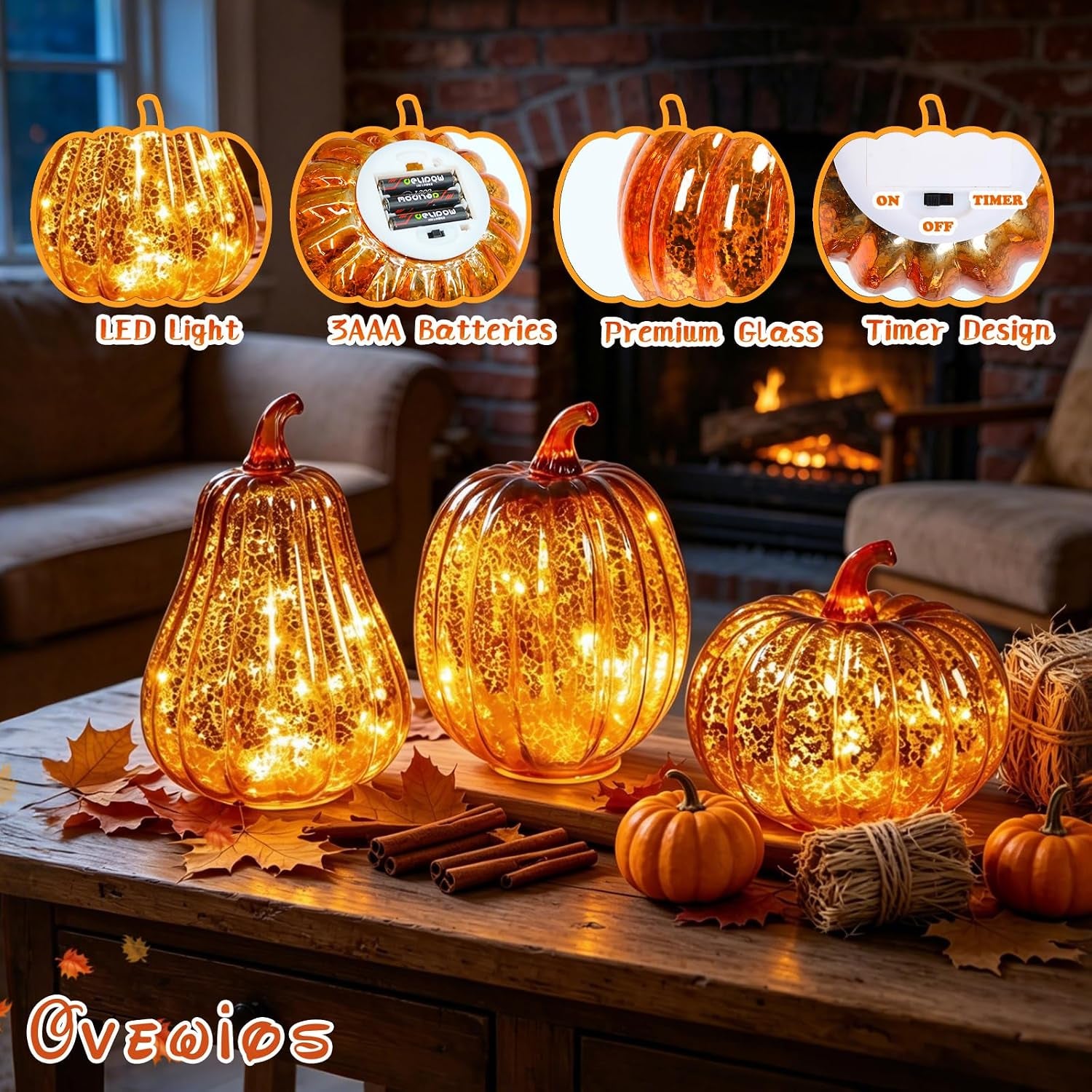 Mercury Glass Pumpkin Lights Fall Porch Decorations Halloween Holiday Gift | Light up Glass Pumpkins with Timer Autumn Thanksgiving Indoor/Outdoor Decor,3Pcs Starry Night Pumpkin for Tabletop