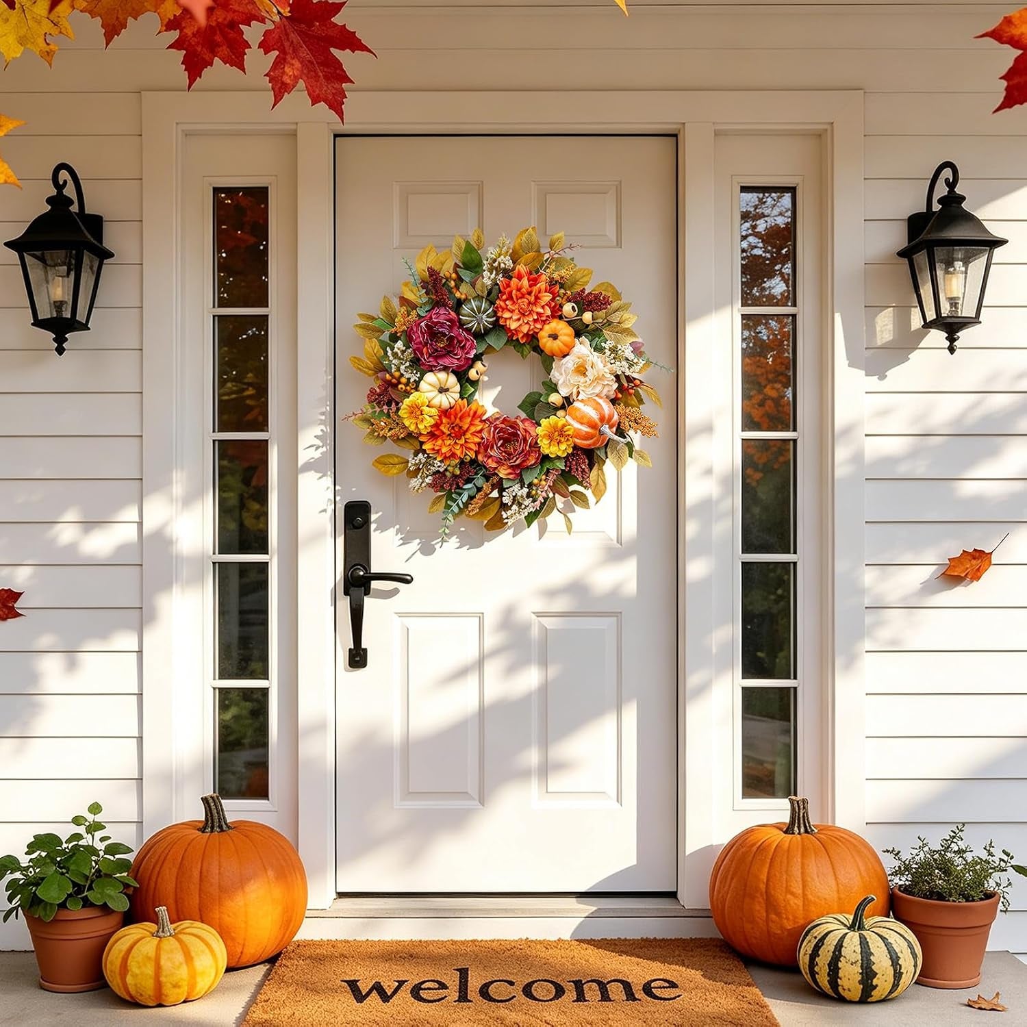 Fall Wreaths for Front Door outside 24 Inch,Rustic Harvest Autumn Wreath | Fall Door Wreath with Pumpkins,Peony,Dahlia,Artificial Silk Autumn Wreath for Indoor & Outdoor Farmhouse Thanksgiving Decor