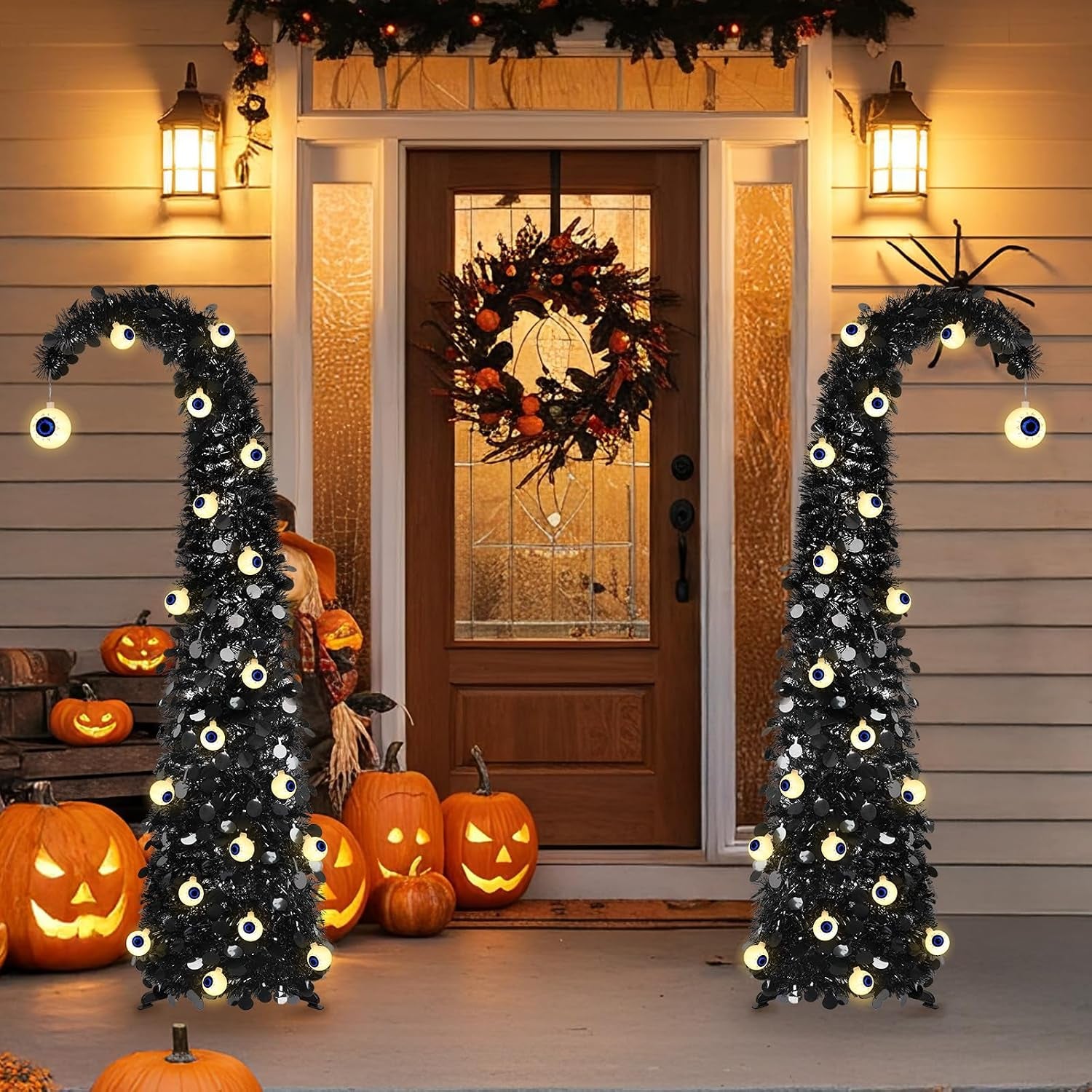5FT Black Halloween Pop up Christmas Tree with Eyeball String Lights | Whimsical Curved Tinsel Tree, 30 Warm White Eyeball Lights, 6H Timer, Foldable Design; Apartment, Porch, Party, XMAS Decor