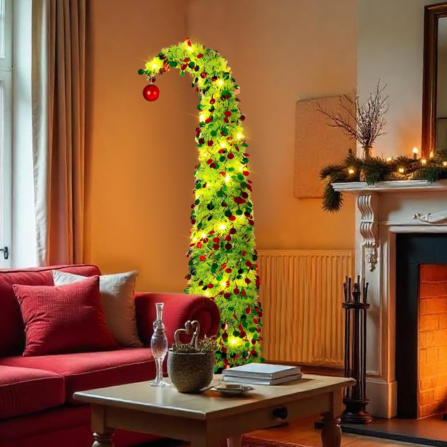 5 Ft Christmas Whimsical Pop up Curved Tree with 50 LED Light String Decorations Curved Plastic Tree Lime Green Purple Tinsel for Xmas Home, Apartment, Office(Green)