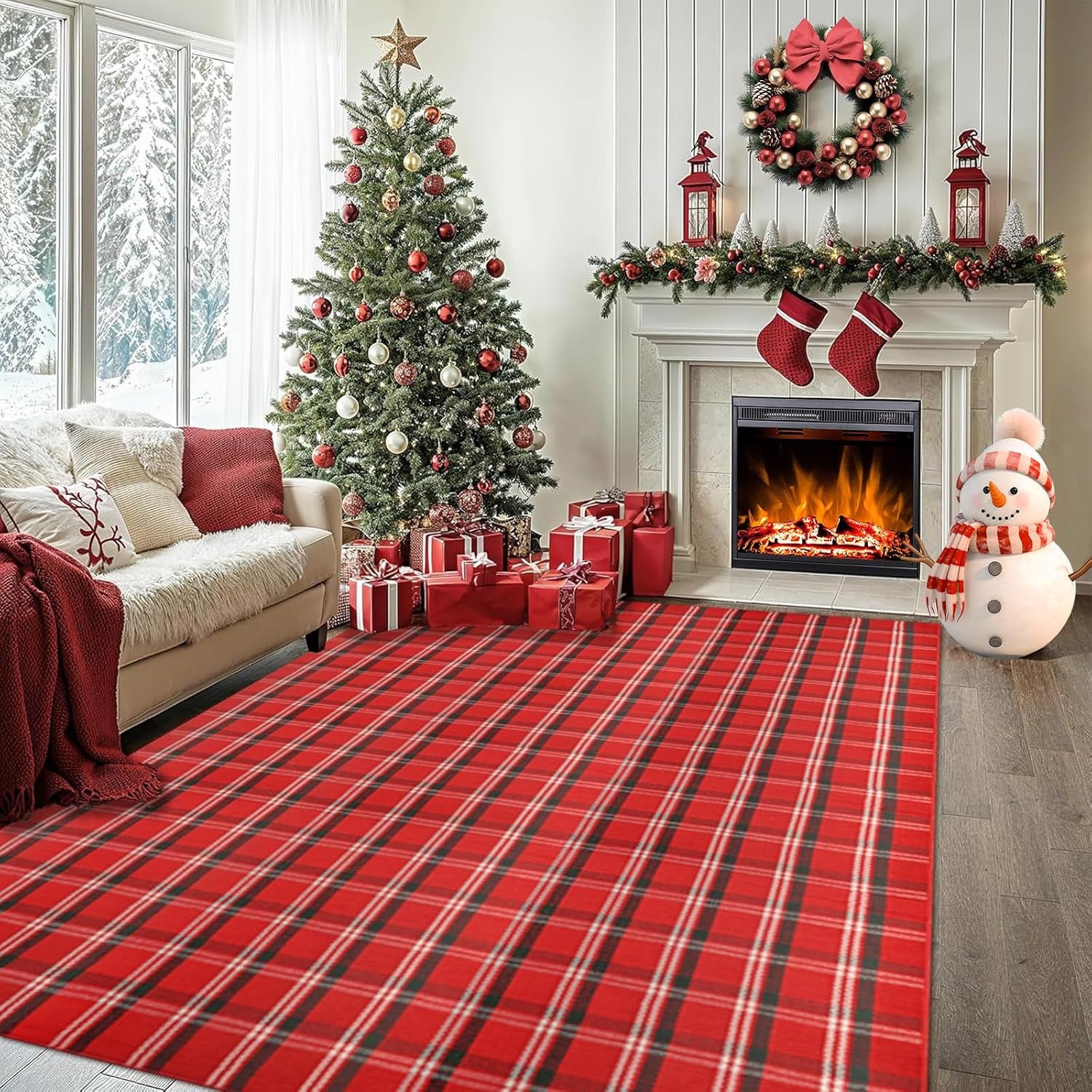 Orange and White Plaid Rug, 3' X 5' Fall Front Door Decor Mat, Cotton Washable Hand-Woven Door Mat for Layered Doormat, Autumn Halloween Thanksgiving Carpet for Porch, Entryway
