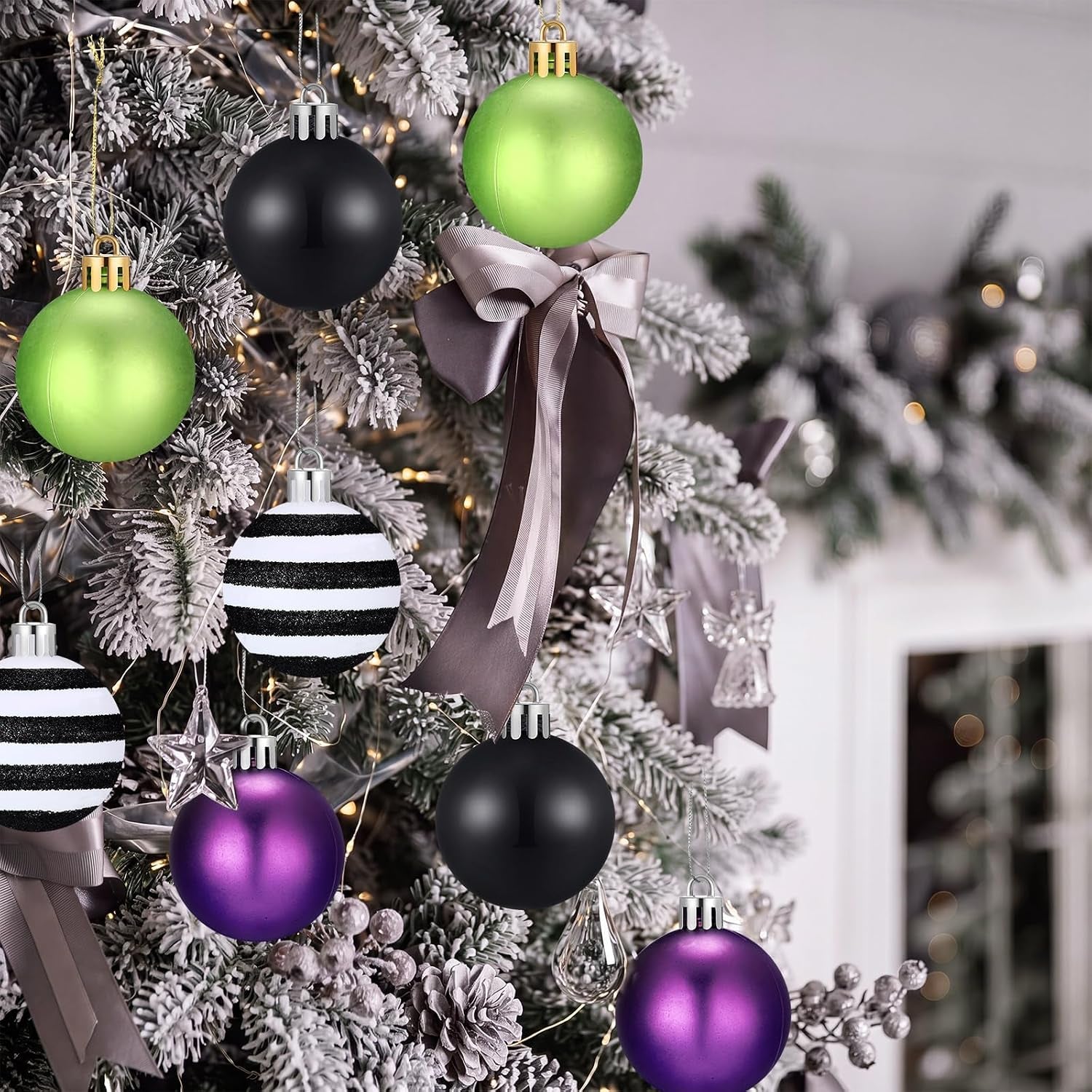 12 Pcs Halloween Ball Ornaments 2.36 Inch Black Purple Green Stripe Hanging Ball Ornaments Halloween Tree Decoration for Nightmare Party Christmas Decoration Supplies