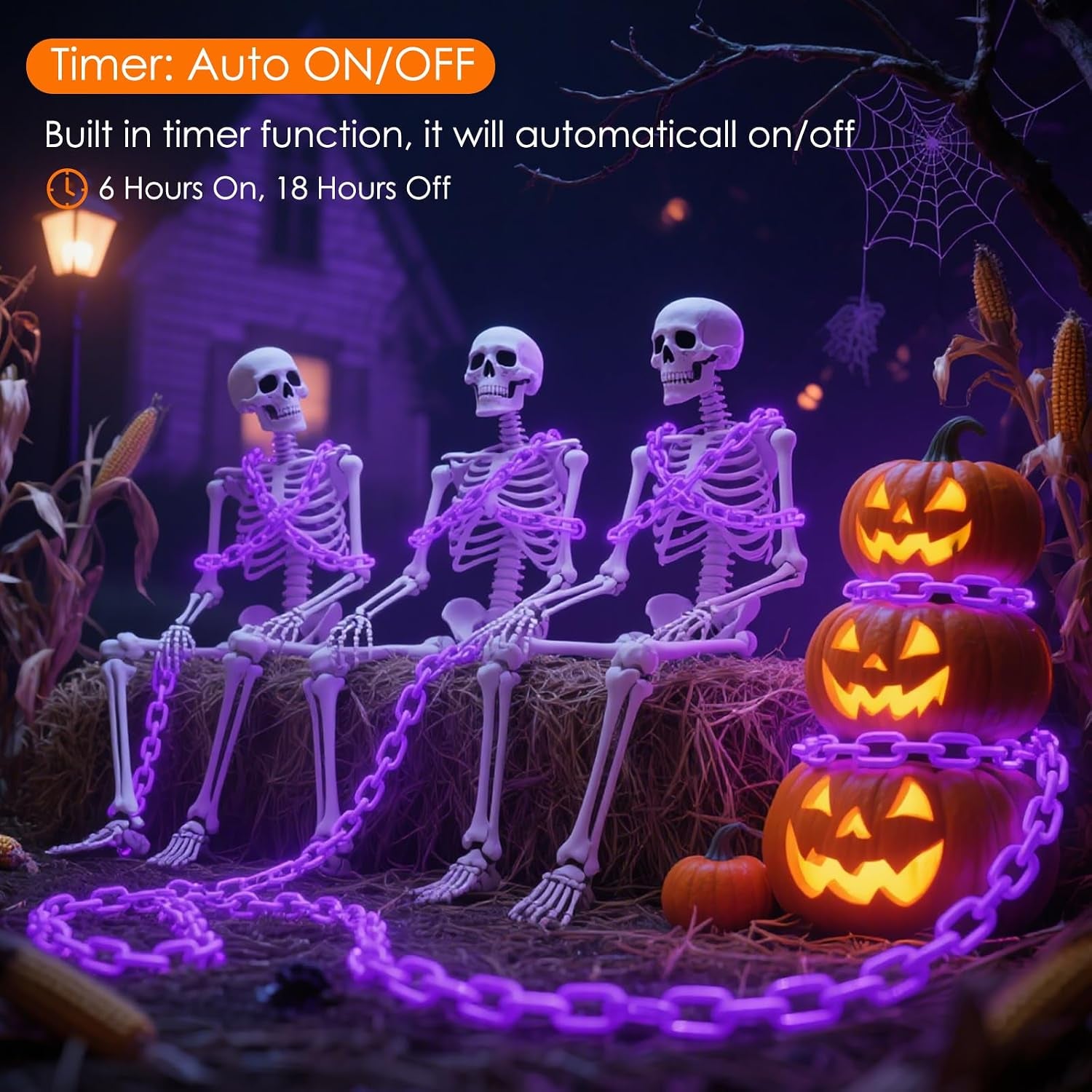 10Ft Purple Halloween Chain Lights Battery Operated with Timer, 8 Modes Halloween Decorations Indoor Outdoor, Waterproof Lighted Plastic Chains for Haunted House Party Cosplay Props Skeleton Dog