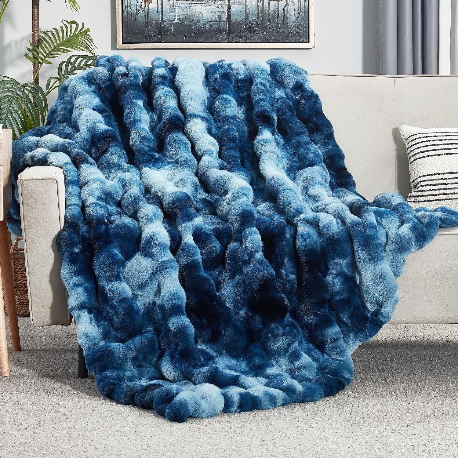 Solid Fall Bubble Faux Rabbit Fur Throw Blanket for Couch 50" X 60", Decorative Comfy Puffy Warm Fuzzy Blanket for Winter, Extra Thick Shaggy Cozy Comfy Fluffy Blankets for Adult Kids, Orange