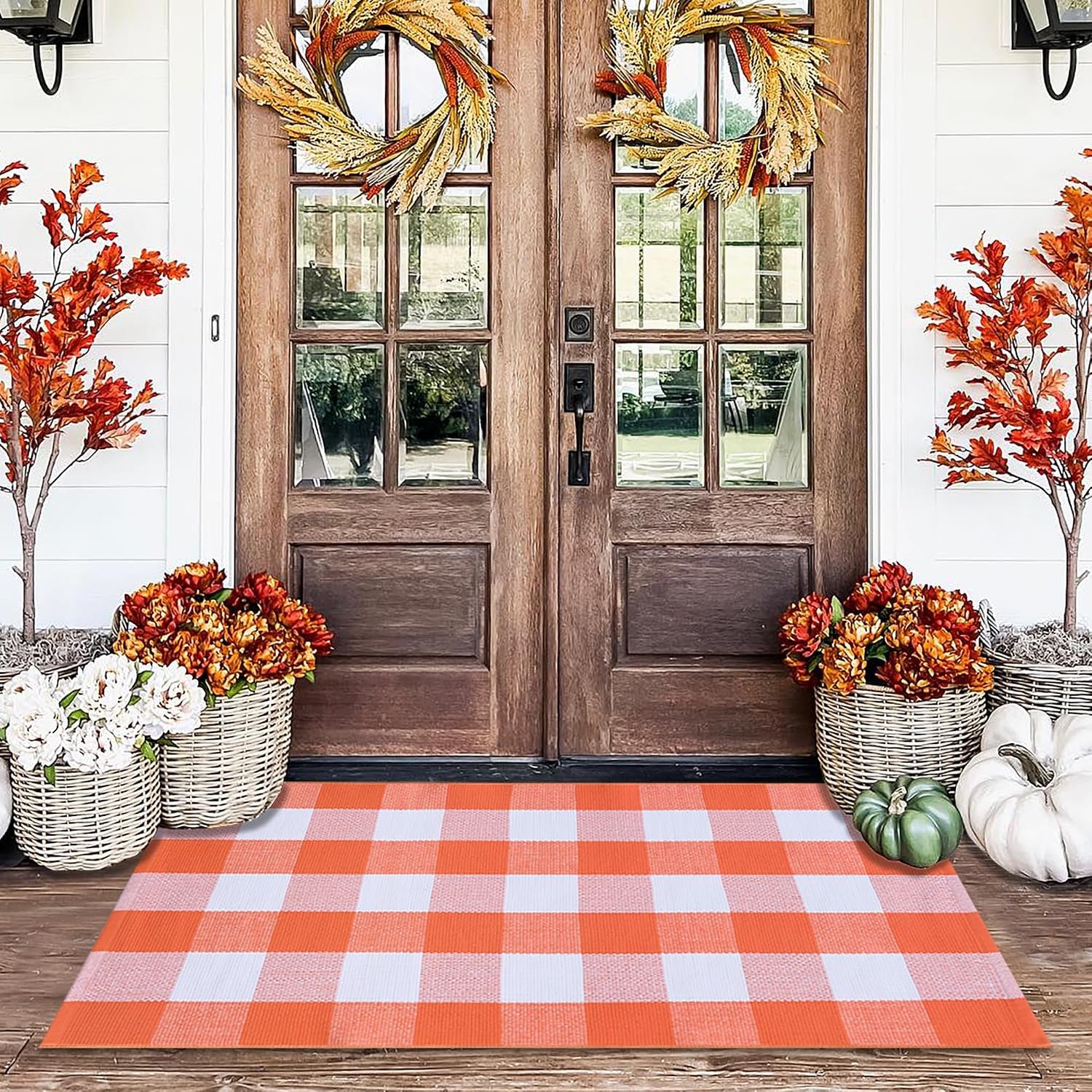 Orange and White Plaid Rug, 3' X 5' Fall Front Door Decor Mat, Cotton Washable Hand-Woven Door Mat for Layered Doormat, Autumn Halloween Thanksgiving Carpet for Porch, Entryway