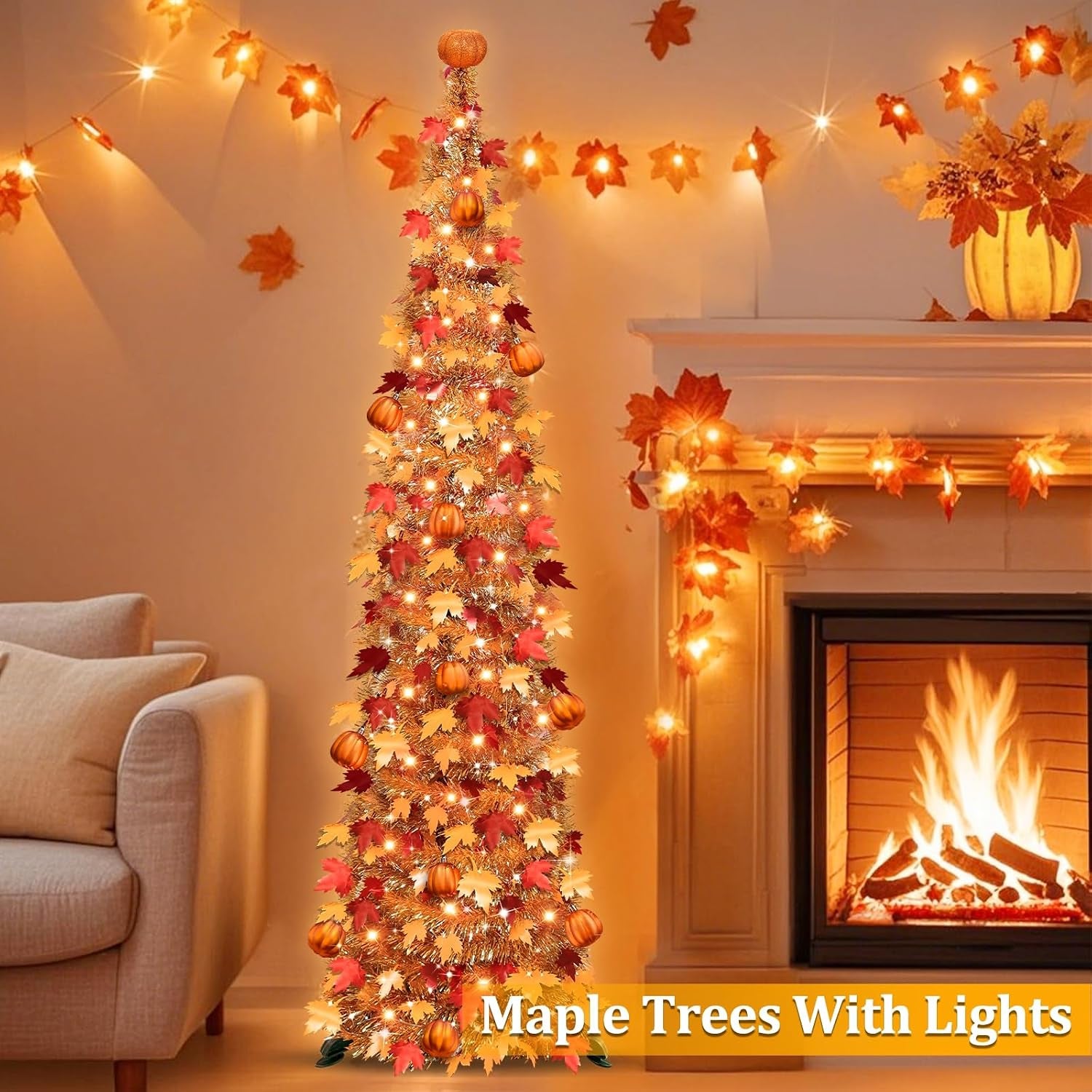 5 FT Fall Tree Fall Decor, Tinsel Maples Tree with 50 Warm White Lights | Orange Pumpkins Battery Operated Lighted Halloween Tree Fall Decorations for Home Harvest Thanksgiving Party Indoor