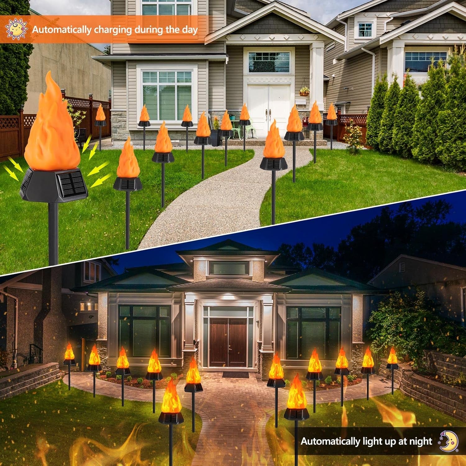 Solar Outdoor Torch Lights with Flickering Flame, Solar Pathway Decorative Lights, Waterproof LED Flame Torches for Outdoor Camping Garden Landscape Patio Path Yard Decorations - 4 Pack