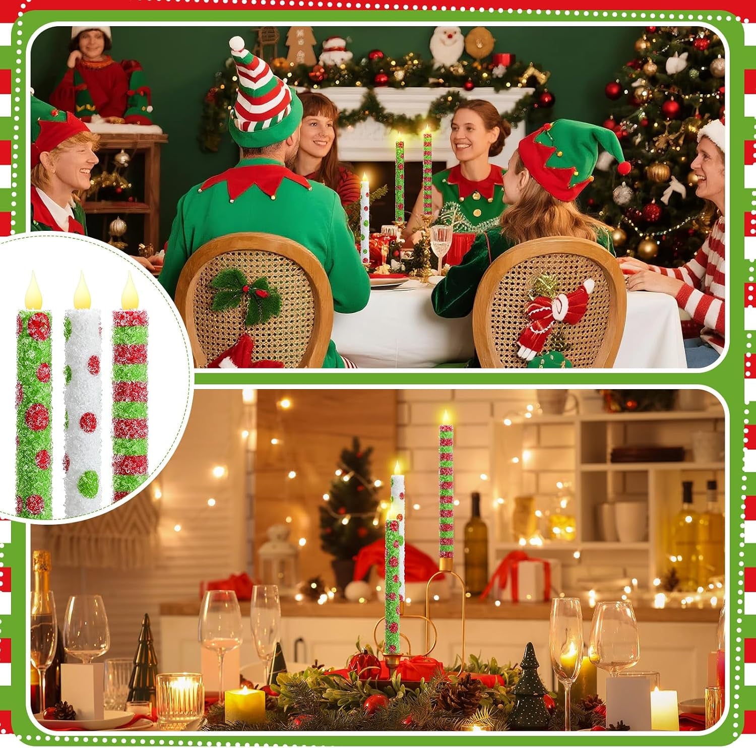 6 Pcs Christmas Flameless Taper Candles 10.6 Inch Elf Theme Candles Battery Operated LED Christmas Candlesticks for Xmas Centerpiece Holiday Party Decor