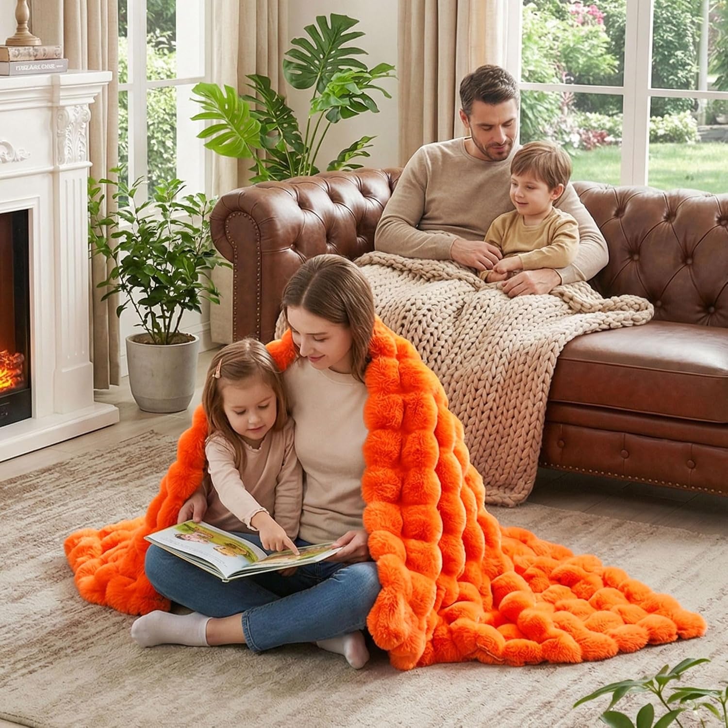 Solid Fall Bubble Faux Rabbit Fur Throw Blanket for Couch 50" X 60", Decorative Comfy Puffy Warm Fuzzy Blanket for Winter, Extra Thick Shaggy Cozy Comfy Fluffy Blankets for Adult Kids, Orange