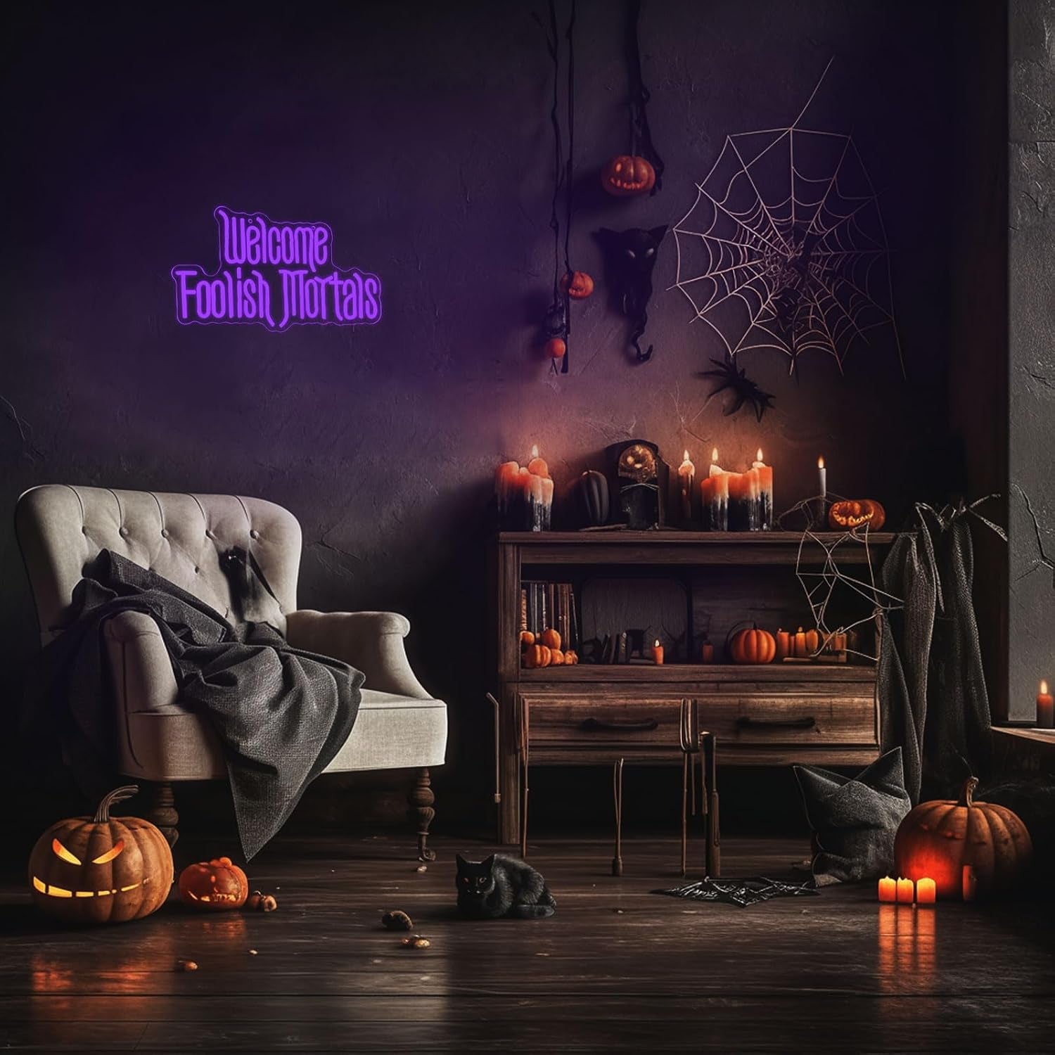 Welcome Foolish Mortals Neon Sign, Halloween Neon Light Spooky Gothic Haunted Mansion LED Coffin Decor USB Powered, for Horror Movie Party Haunted House Man Cave Home Room Themed Bars(16.1 * 9.4 In)