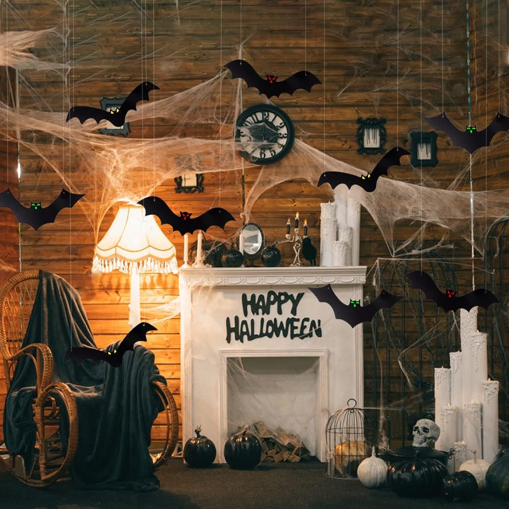 Halloween Hanging Bats for 12PCS 3D Halloween Yard Outdoor Decoration | 3 Styles Realistic Scary Large Fake Black Hanging Flying Bat Spooky for Halloween Indoor Sign Lawn Decorations