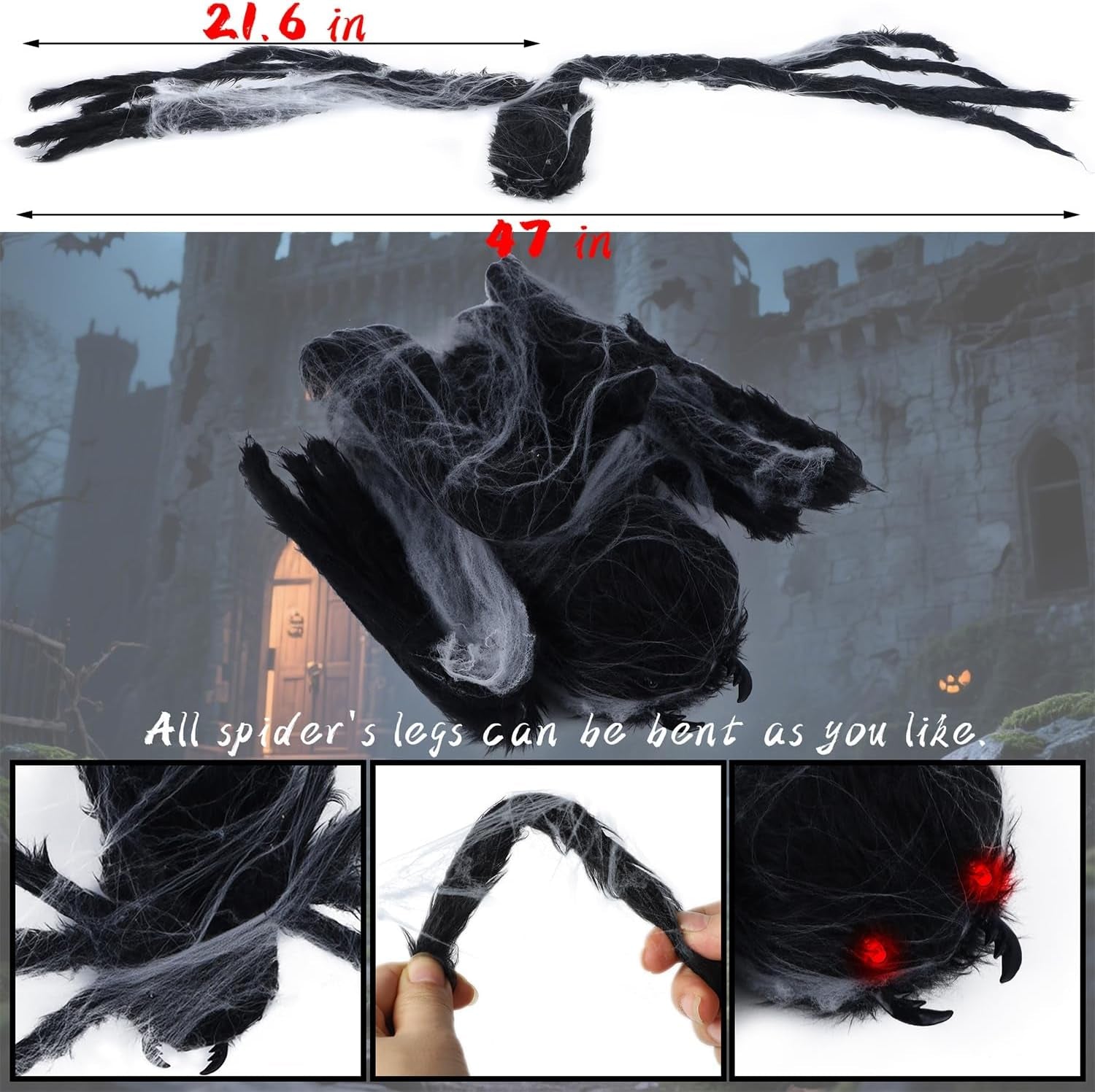Halloween Decor Electric Dropping Spider Upgrade 47In (Stretched Legs), Voice Activated Moving Hanging Spider with Red Eye & Spooky Sound, Large Scary Prop House Door Wall Window Yard Patio