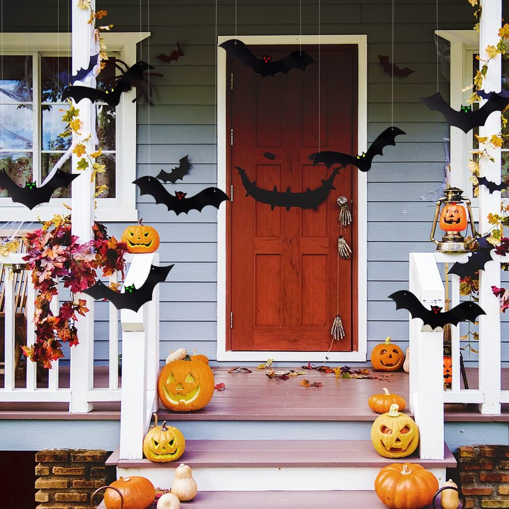 Halloween Hanging Bats for 12PCS 3D Halloween Yard Outdoor Decoration | 3 Styles Realistic Scary Large Fake Black Hanging Flying Bat Spooky for Halloween Indoor Sign Lawn Decorations