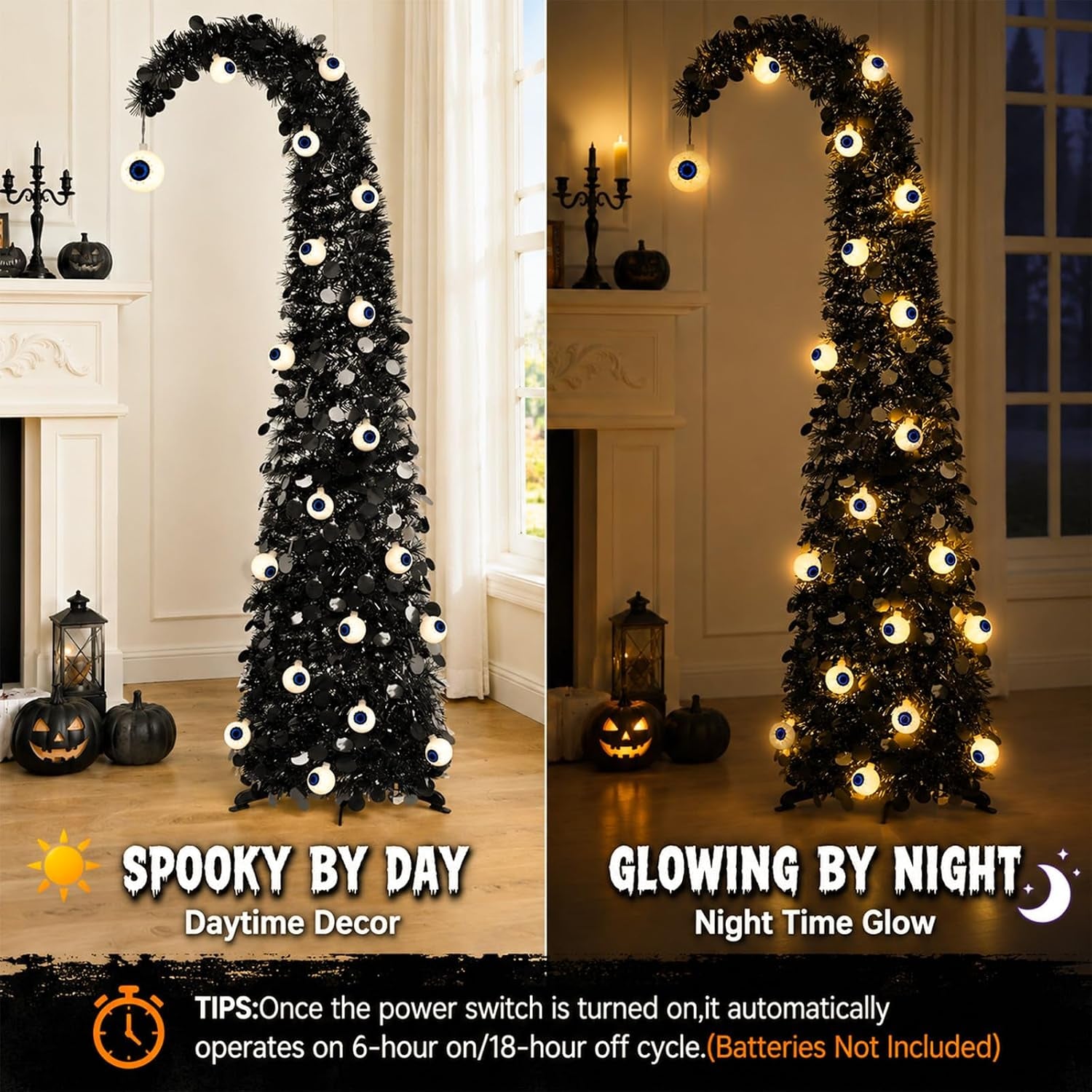 5FT Black Halloween Pop up Christmas Tree with Eyeball String Lights | Whimsical Curved Tinsel Tree, 30 Warm White Eyeball Lights, 6H Timer, Foldable Design; Apartment, Porch, Party, XMAS Decor