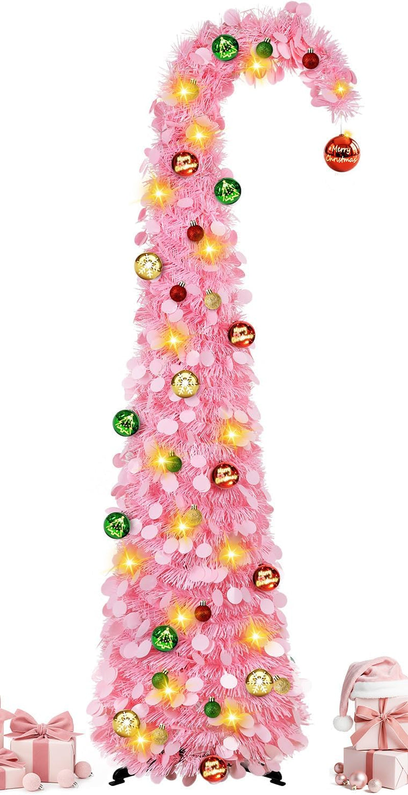 5FT Black Halloween Pop up Christmas Tree with Eyeball String Lights | Whimsical Curved Tinsel Tree, 30 Warm White Eyeball Lights, 6H Timer, Foldable Design; Apartment, Porch, Party, XMAS Decor