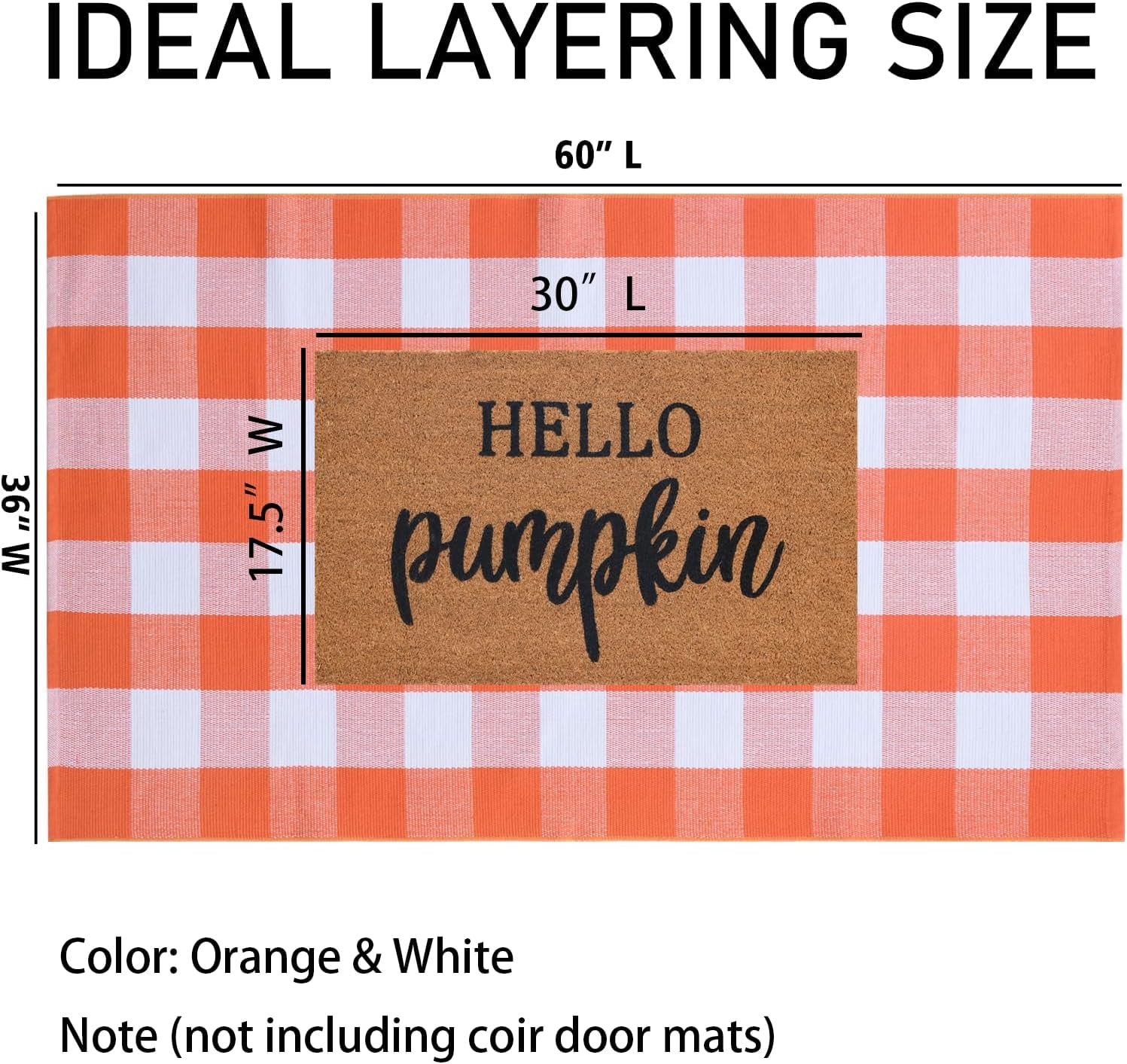 Orange and White Plaid Rug, 3' X 5' Fall Front Door Decor Mat, Cotton Washable Hand-Woven Door Mat for Layered Doormat, Autumn Halloween Thanksgiving Carpet for Porch, Entryway