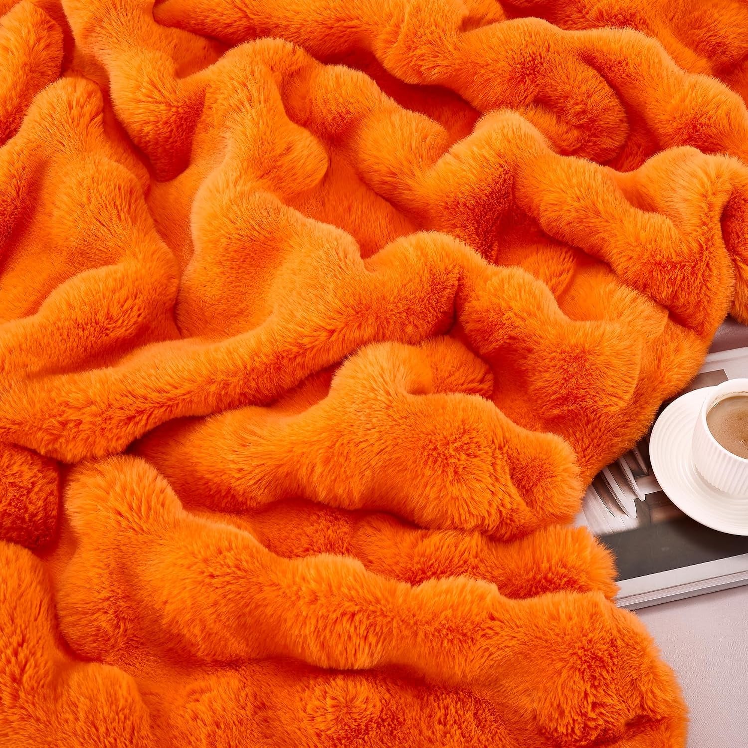 Solid Fall Bubble Faux Rabbit Fur Throw Blanket for Couch 50" X 60", Decorative Comfy Puffy Warm Fuzzy Blanket for Winter, Extra Thick Shaggy Cozy Comfy Fluffy Blankets for Adult Kids, Orange