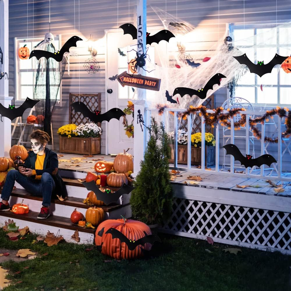 Halloween Hanging Bats for 12PCS 3D Halloween Yard Outdoor Decoration | 3 Styles Realistic Scary Large Fake Black Hanging Flying Bat Spooky for Halloween Indoor Sign Lawn Decorations